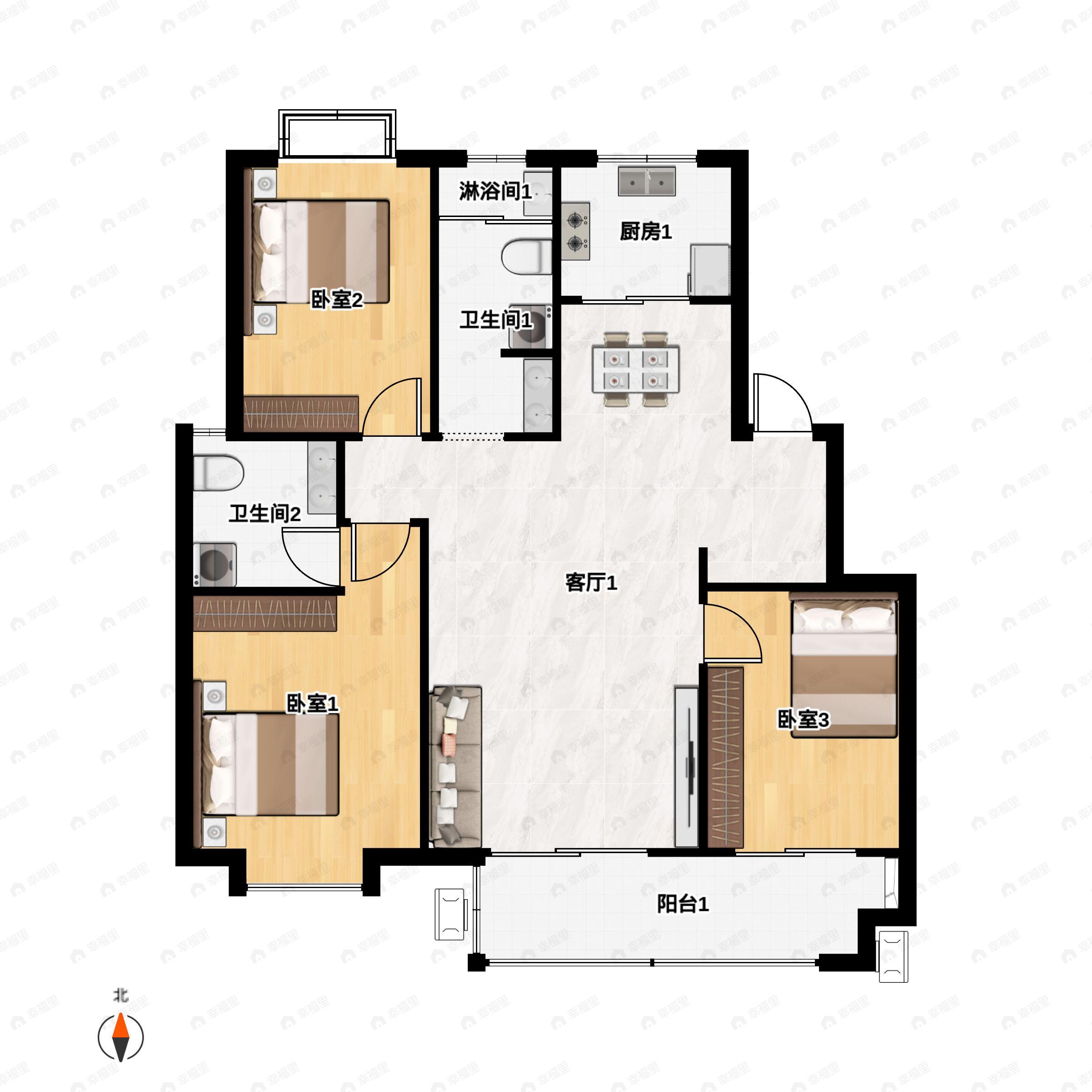 3室2厅2卫建面122平户型图