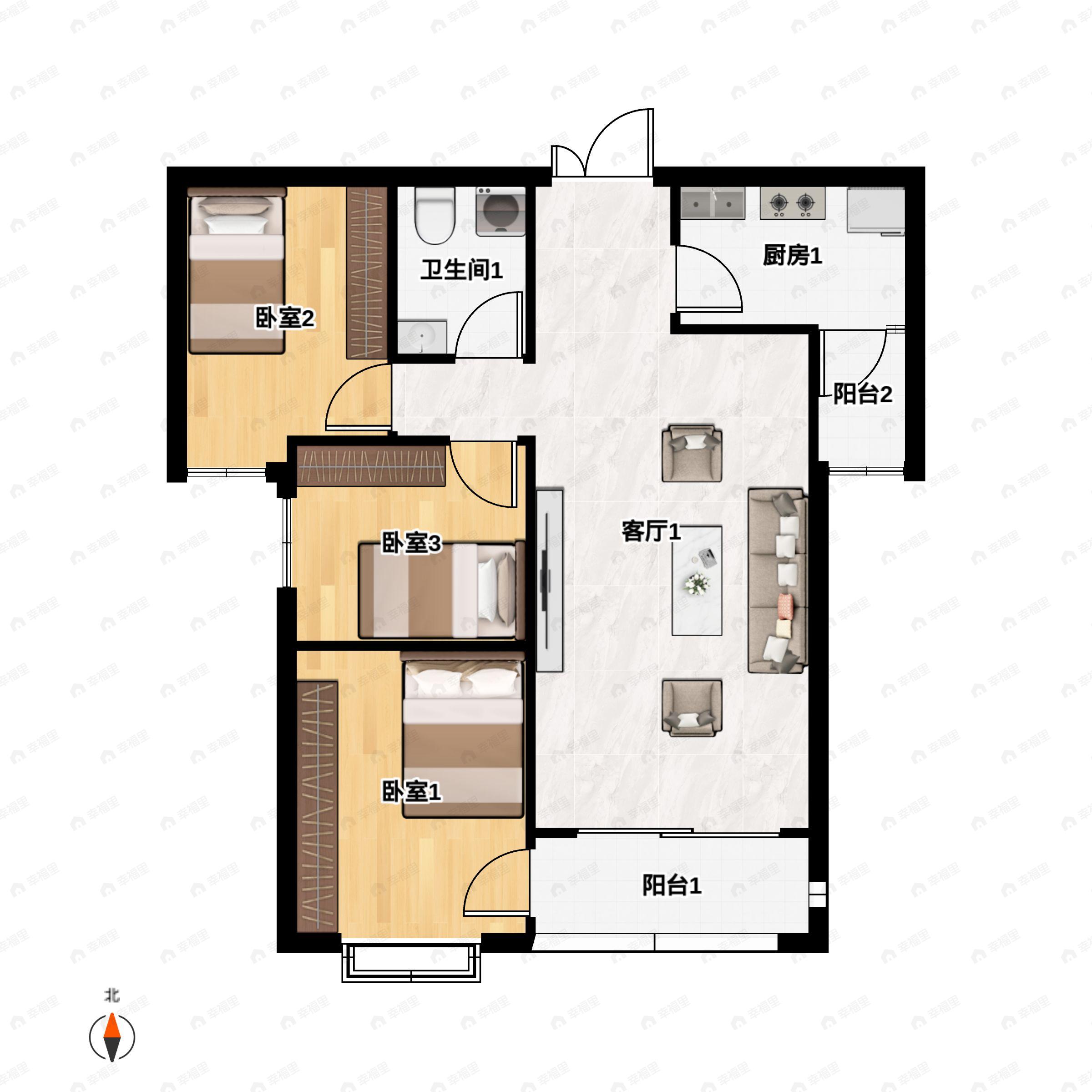 3室2厅1卫建面102平户型图