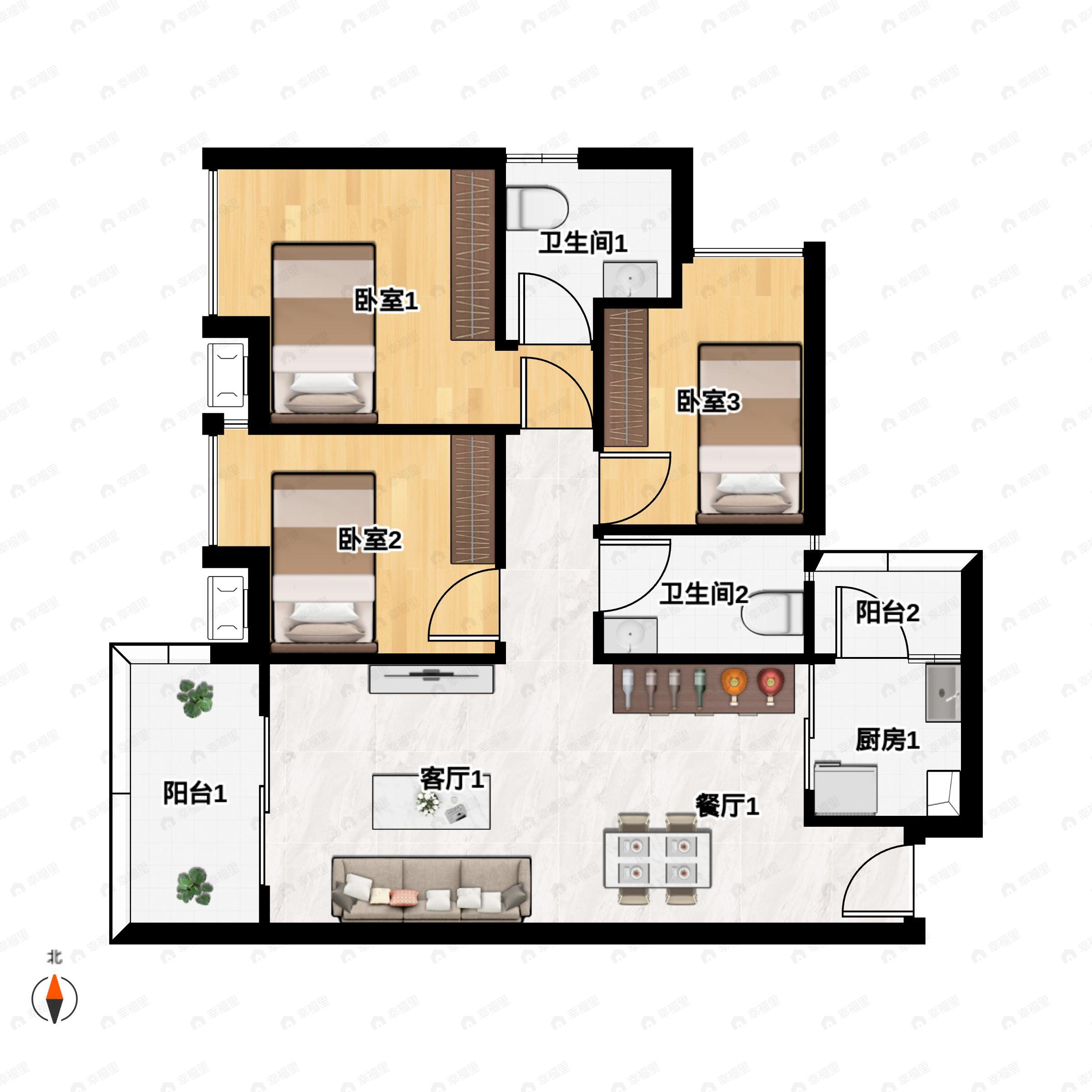 3室2厅2卫建面100平户型图