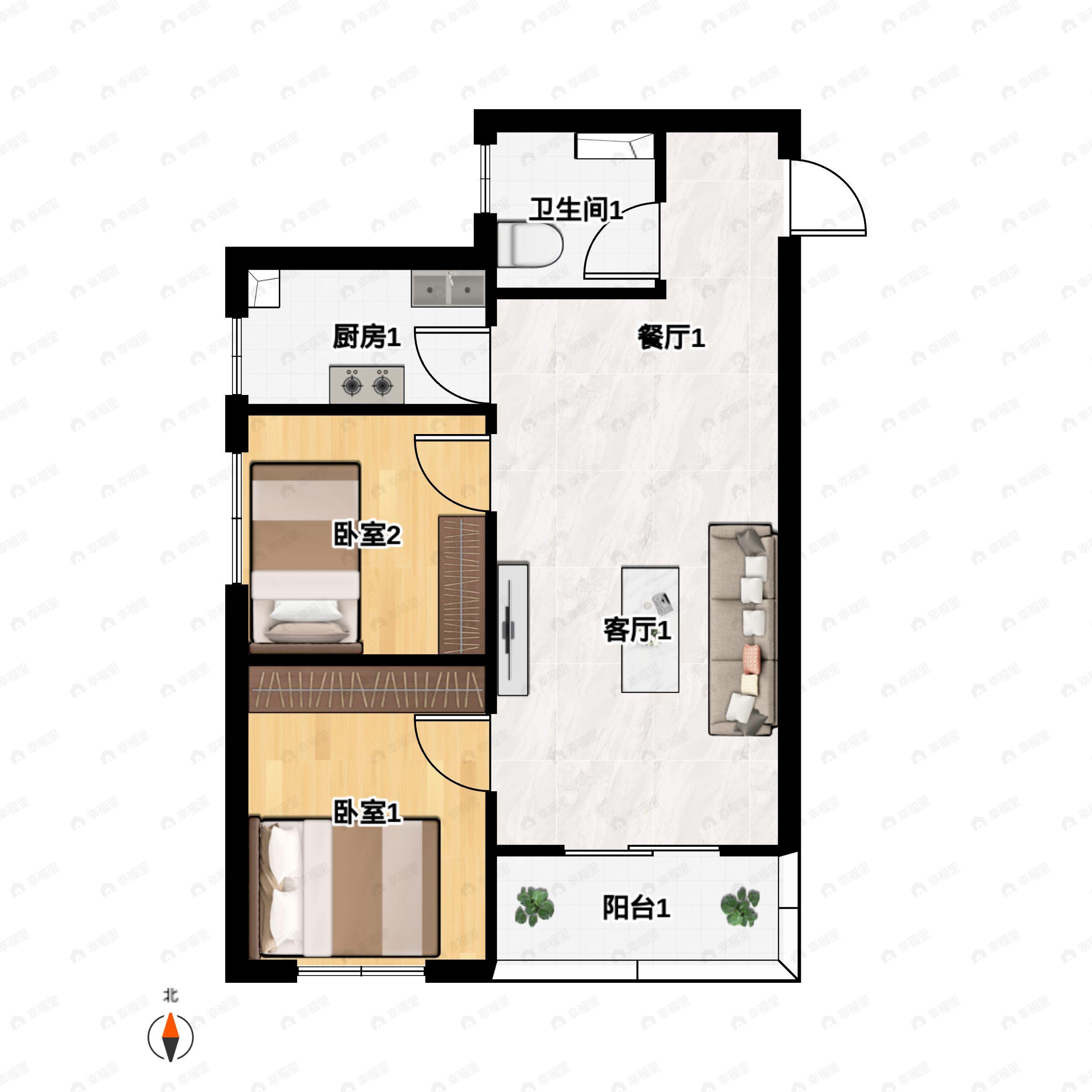 2室2厅1卫建面74平户型图