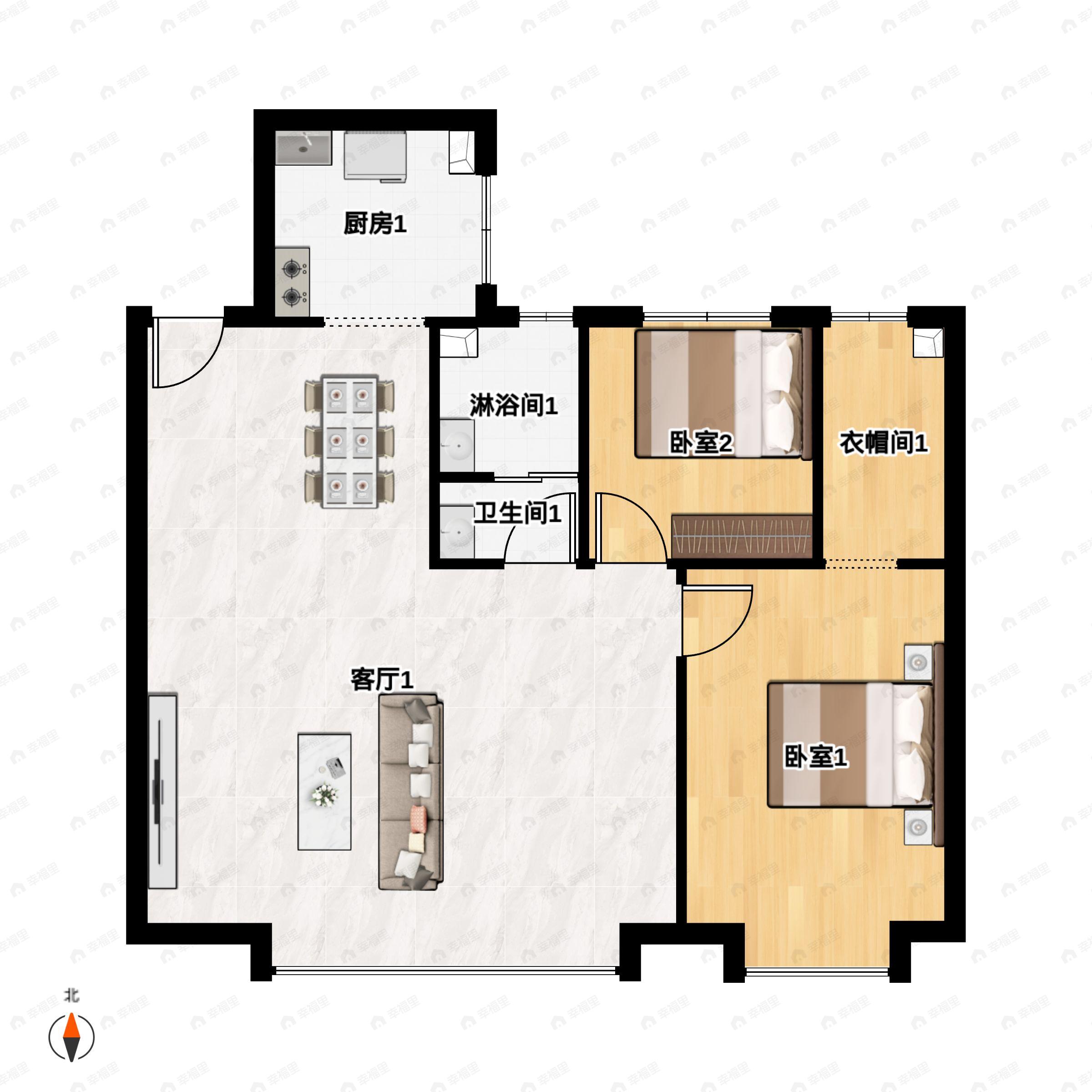 2室2厅1卫建面105平户型图