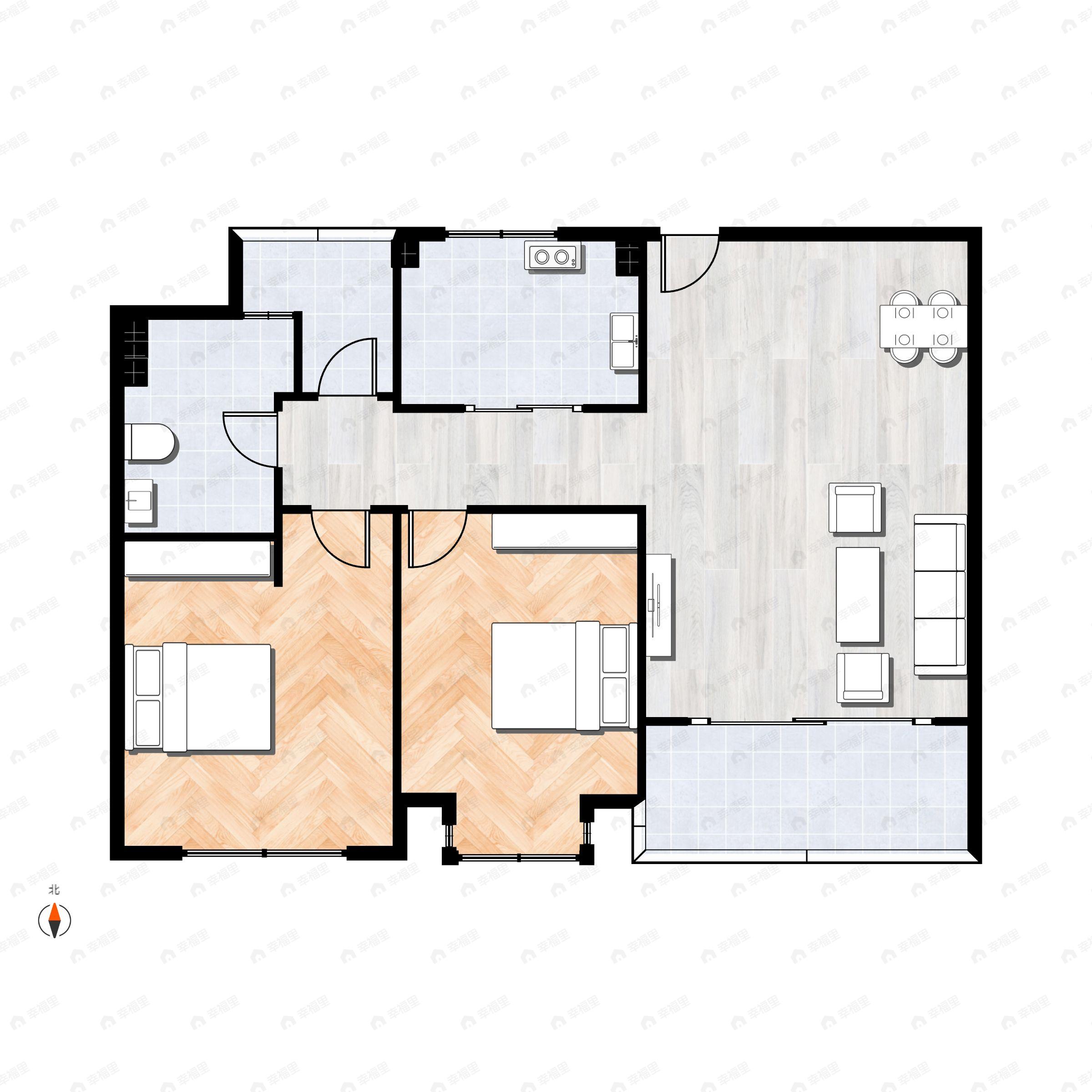 2室2厅1卫建面84m²南户型图