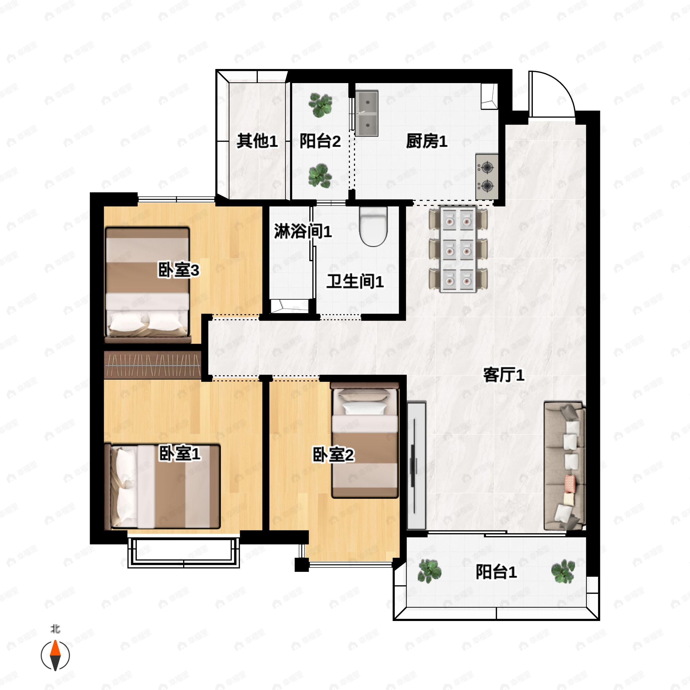 3室2厅1卫建面100平户型图