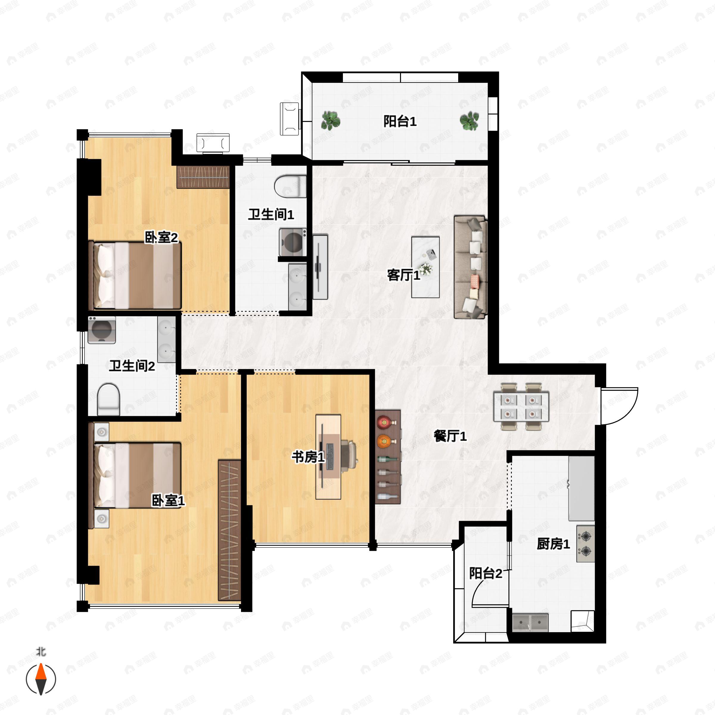 3室2厅2卫建面106平南户型图