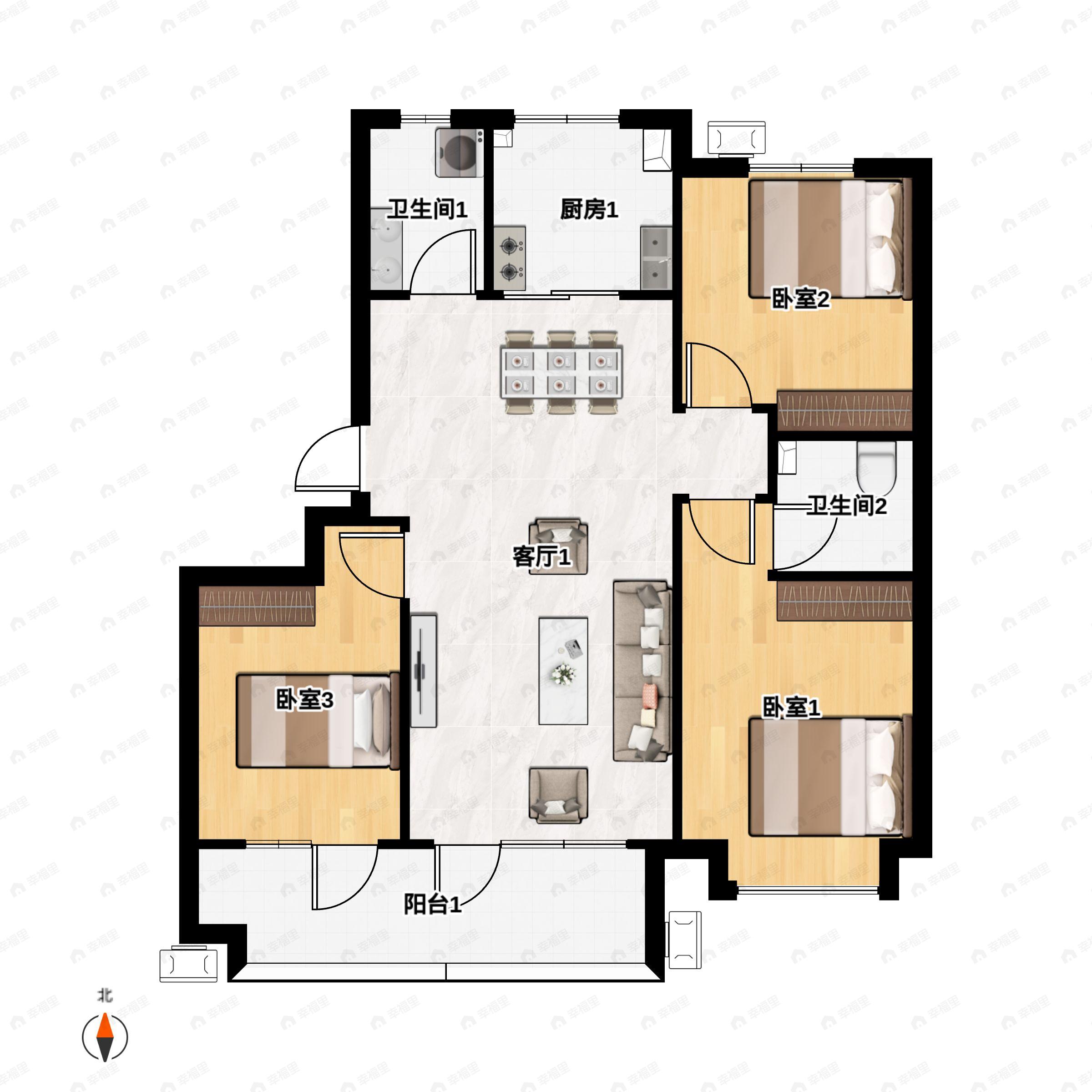3室2厅2卫建面118m²南户型图