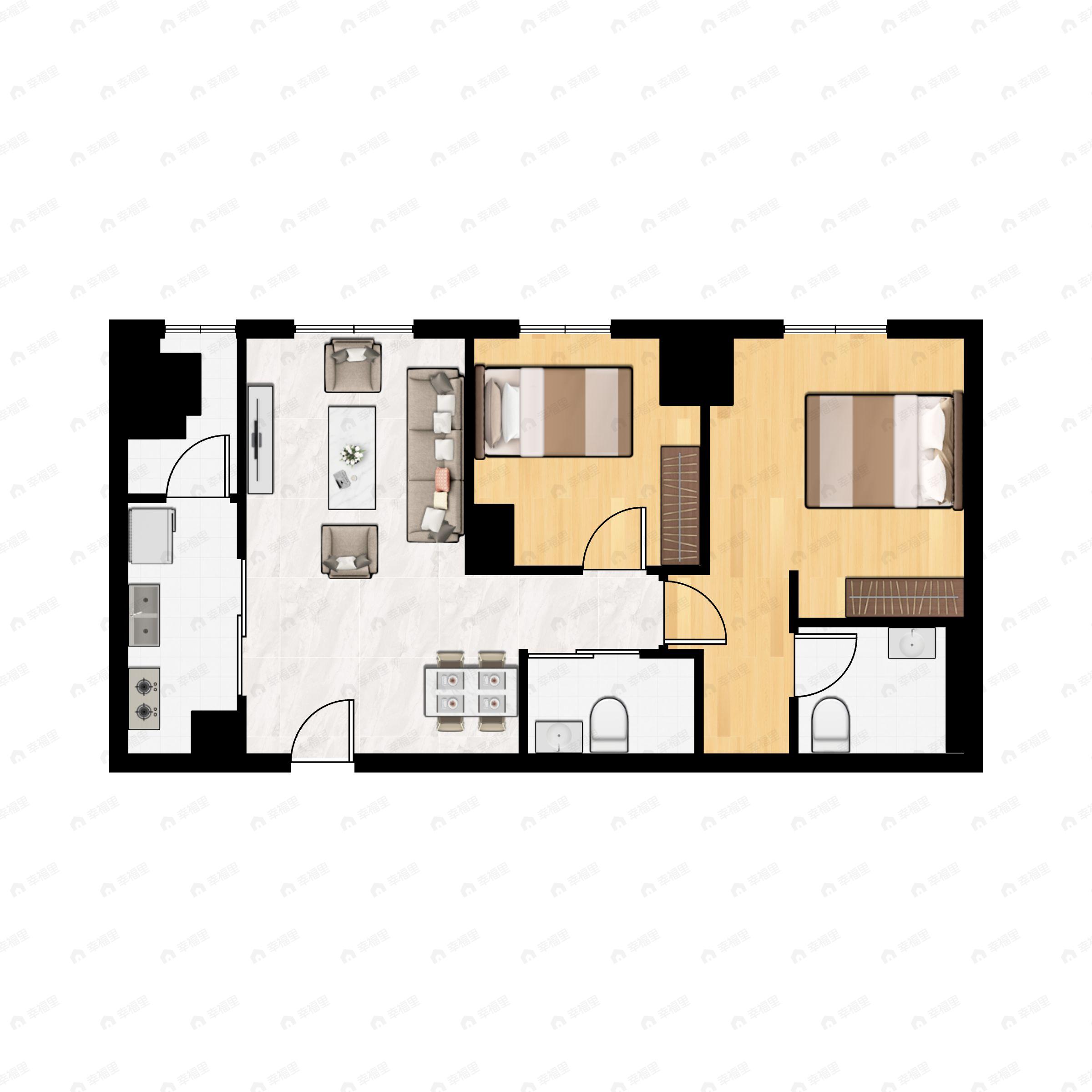 2室2厅2卫建面90平户型图