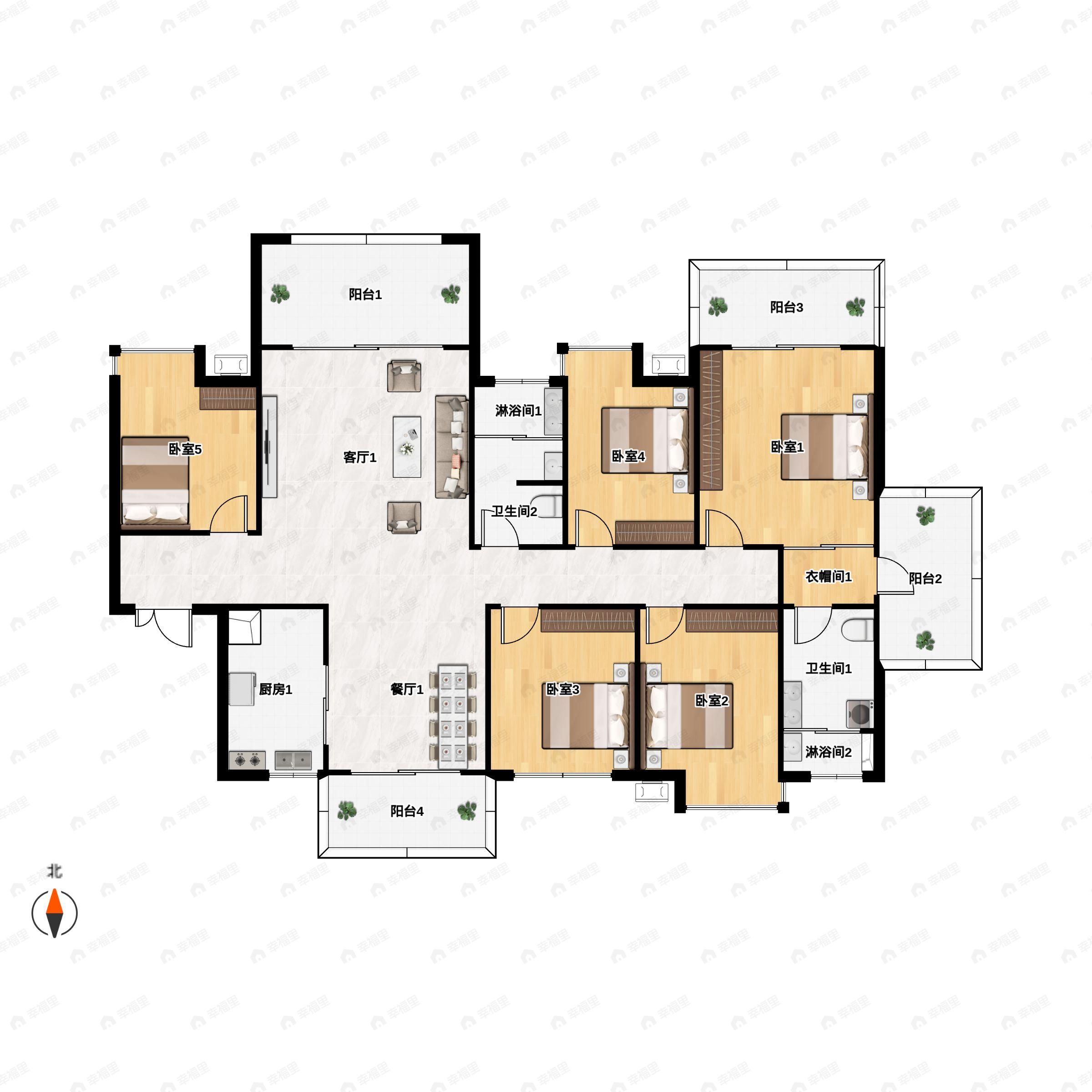 5室2厅2卫建面195平北|南户型图