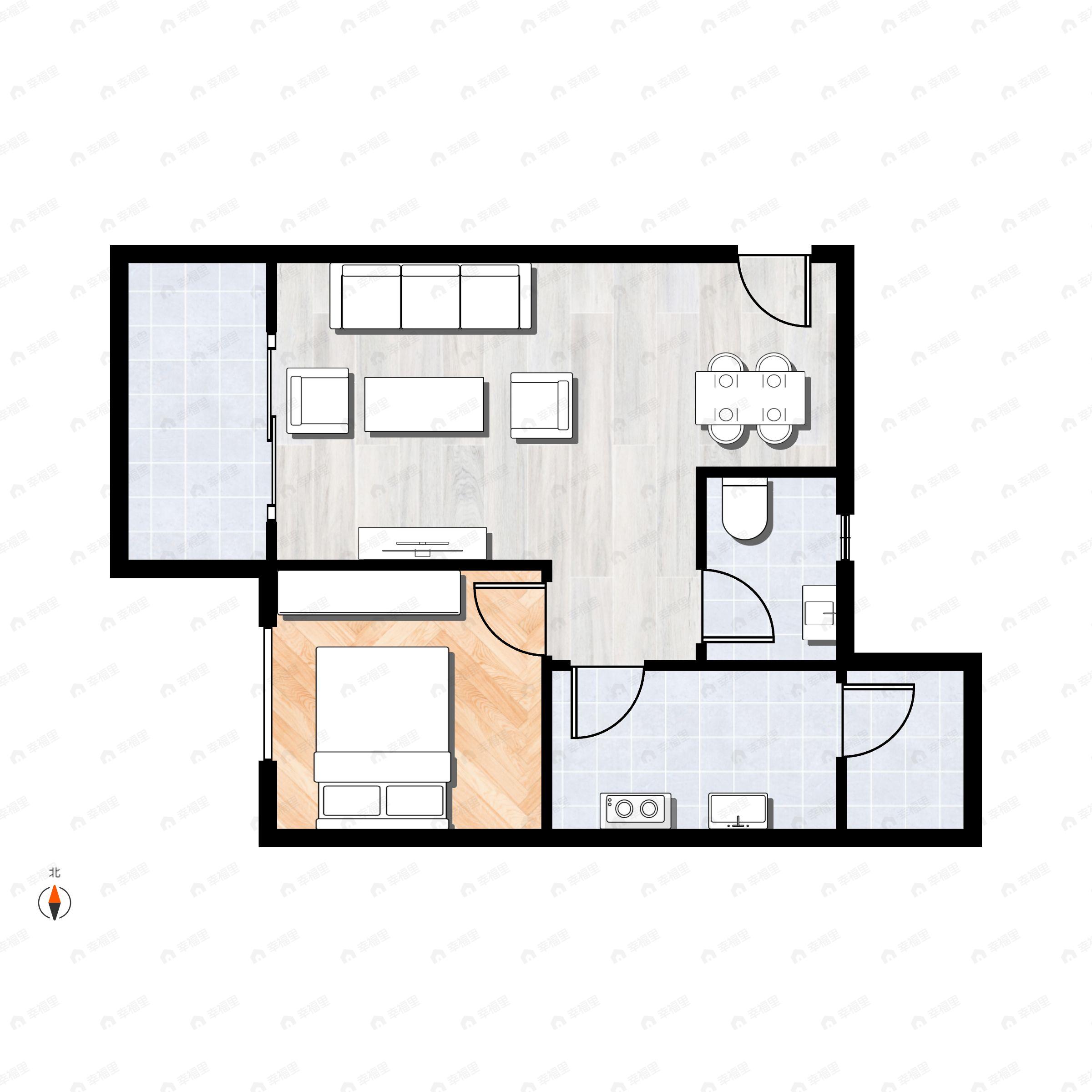 1室2厅1卫建面49m²东|西户型图