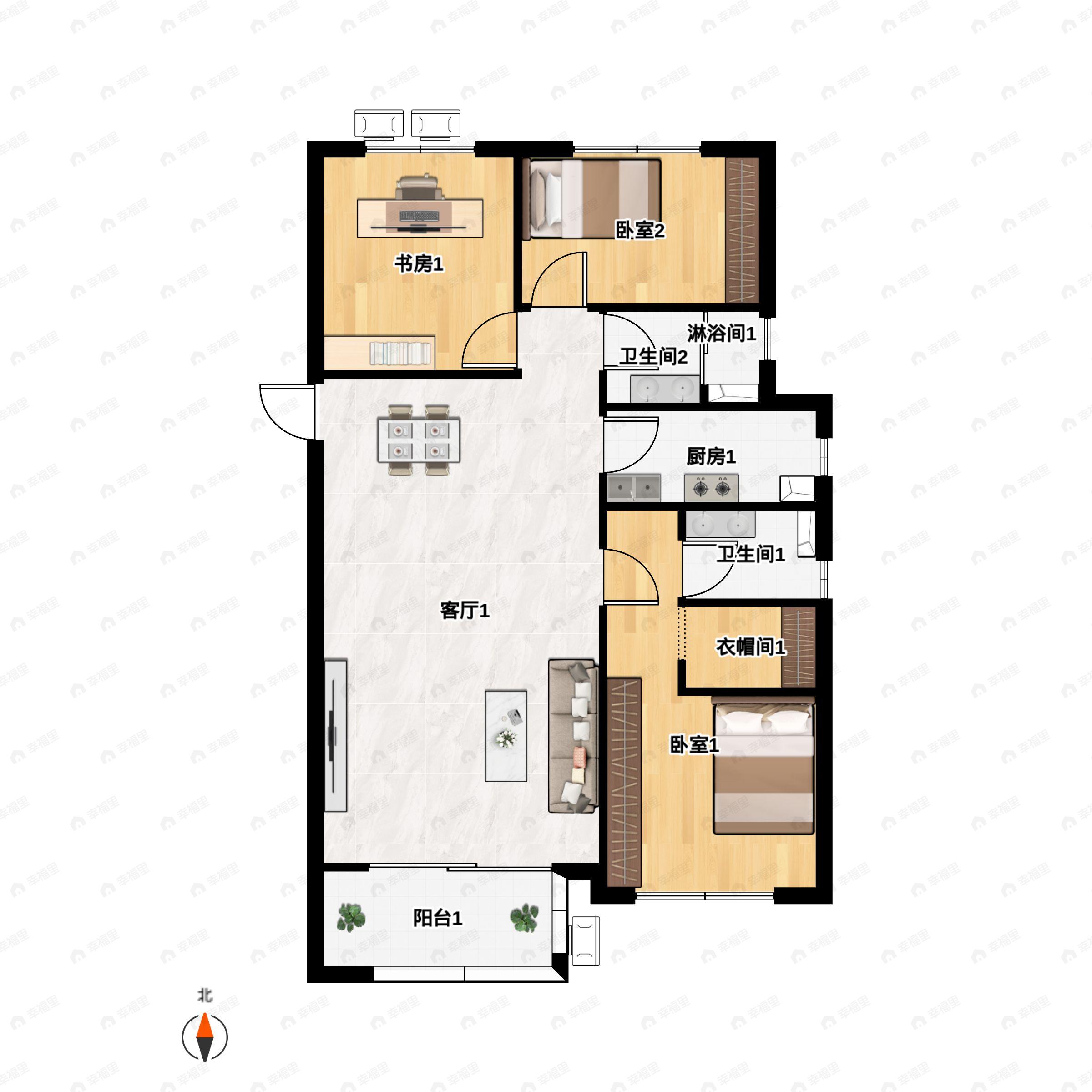 3室2厅2卫建面124平户型图