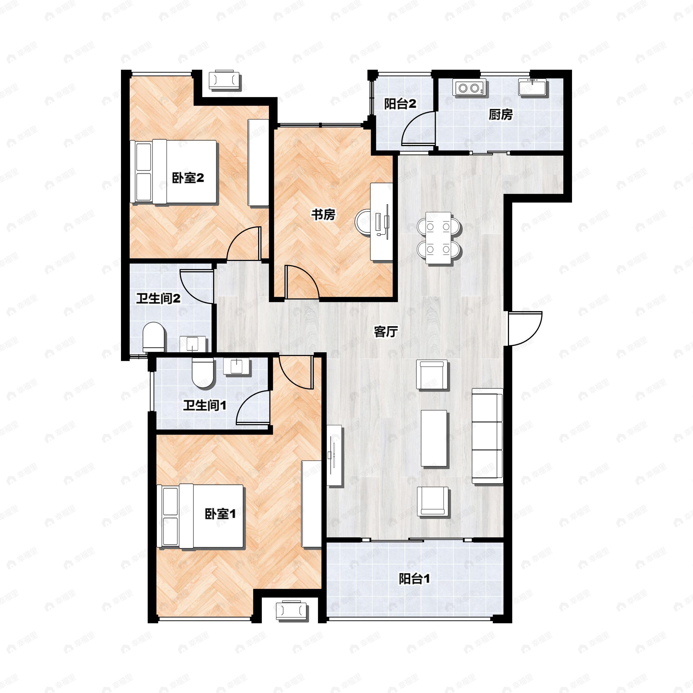 3室2厅2卫建面108平南|北户型图
