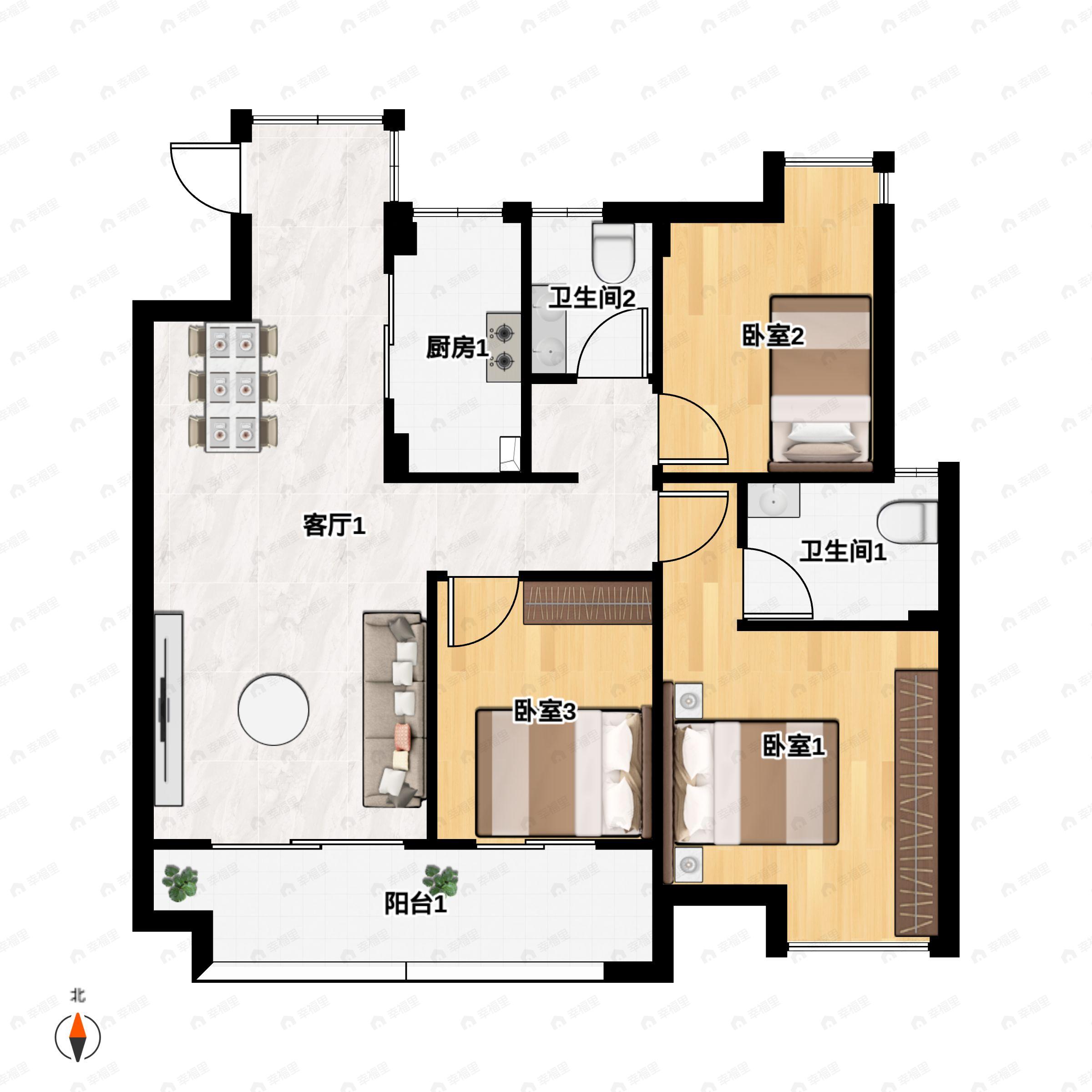 3室2厅2卫建面105m²南户型图
