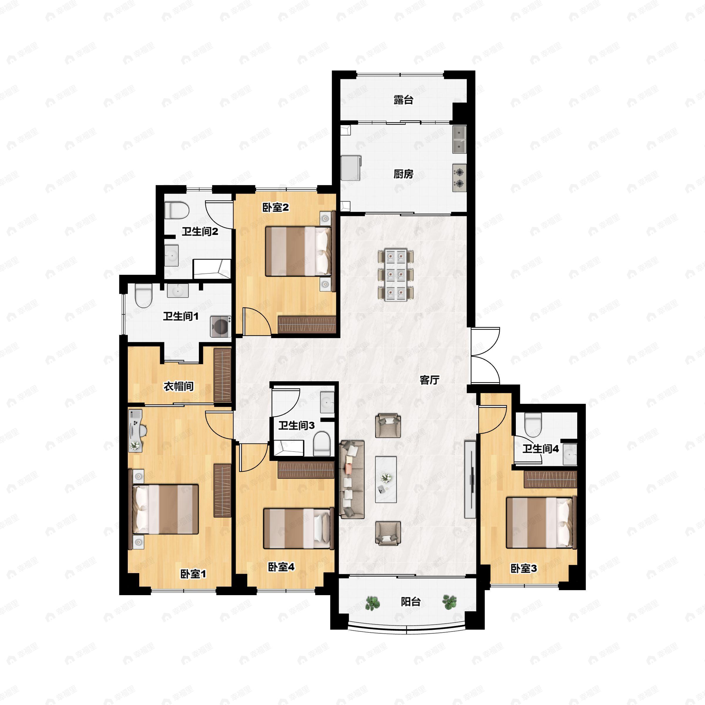 4室2厅4卫建面258m²北|南户型图