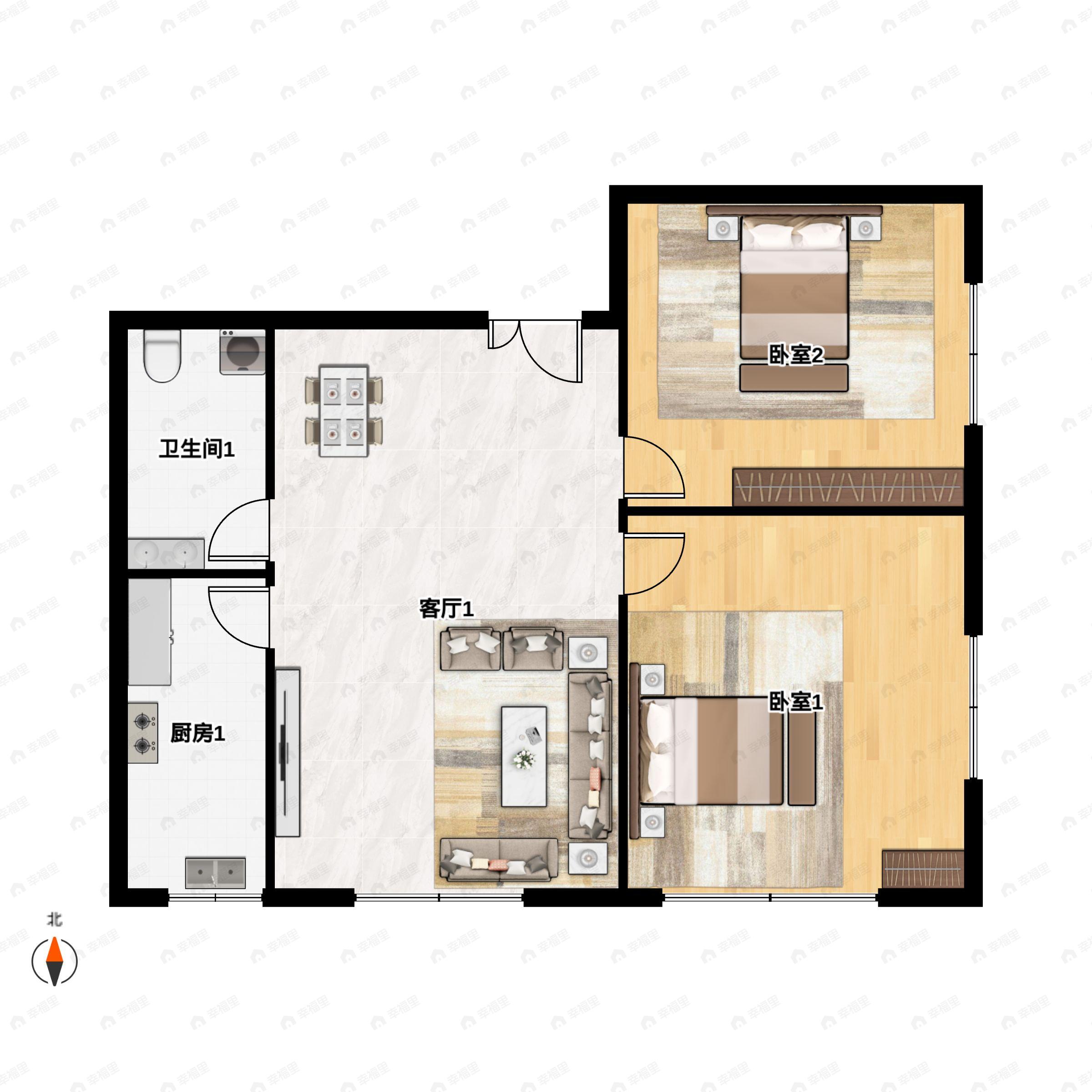 2室1厅1卫建面107平东南户型图