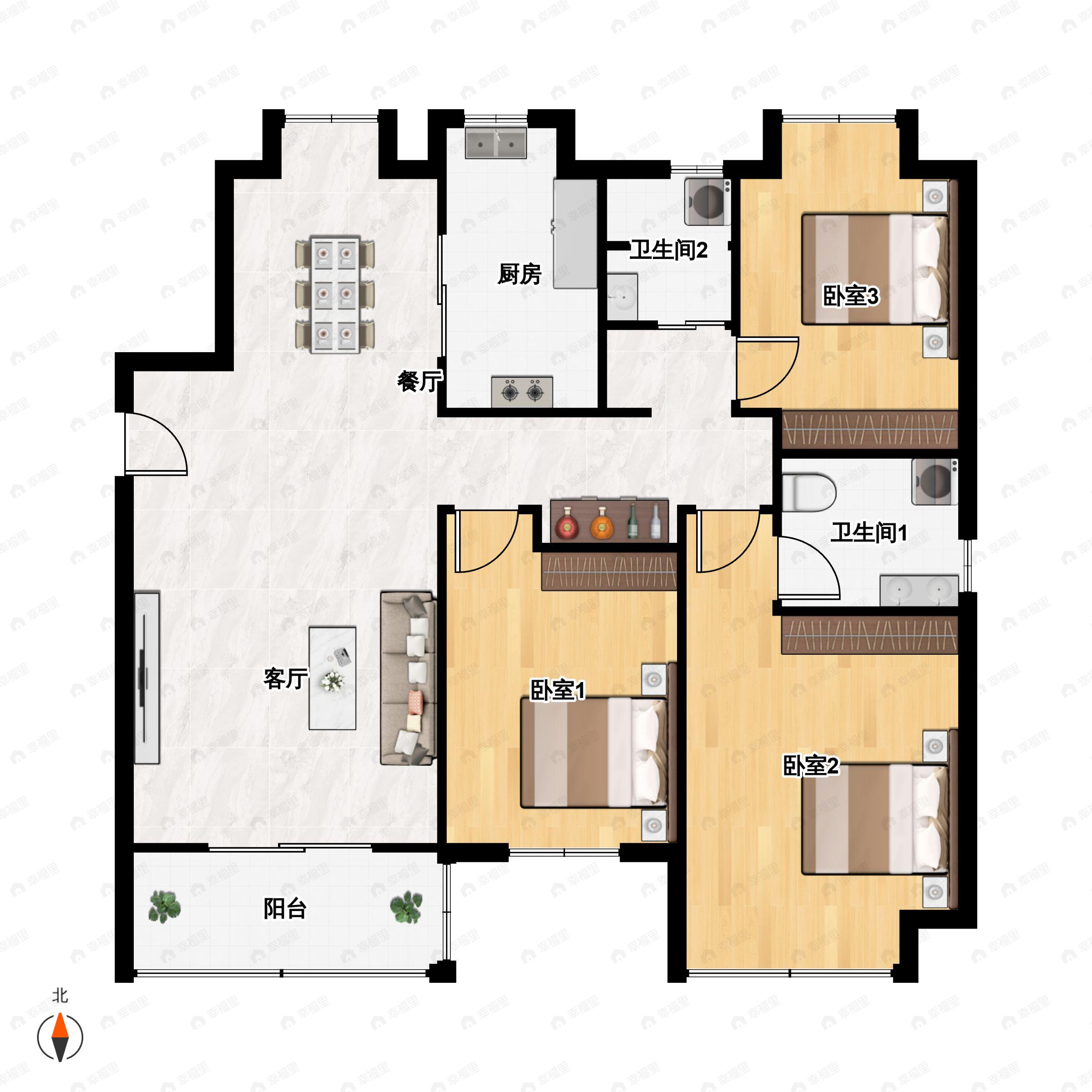 3室2厅2卫建面118平户型图
