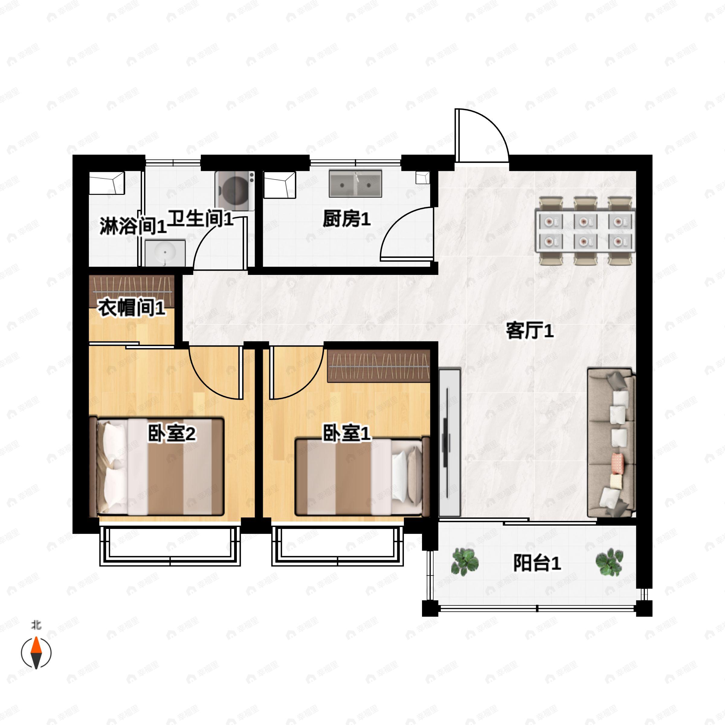 2室2厅1卫建面90平undefined户型图