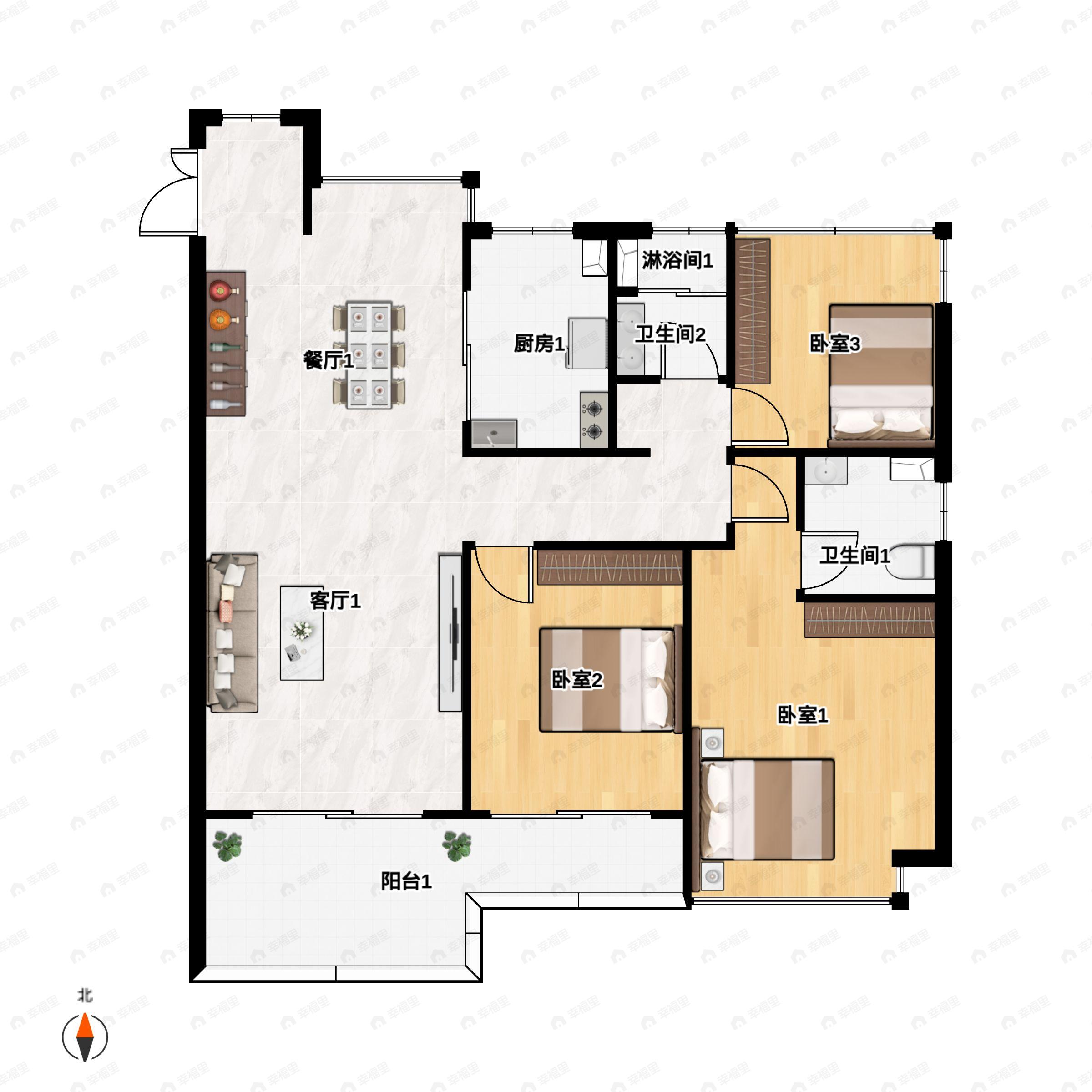 3室2厅2卫建面108m²南户型图