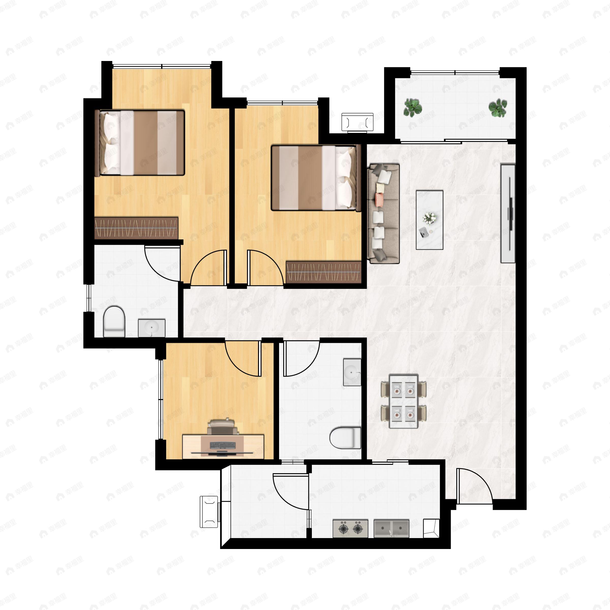 3室2厅2卫建面95m²东户型图