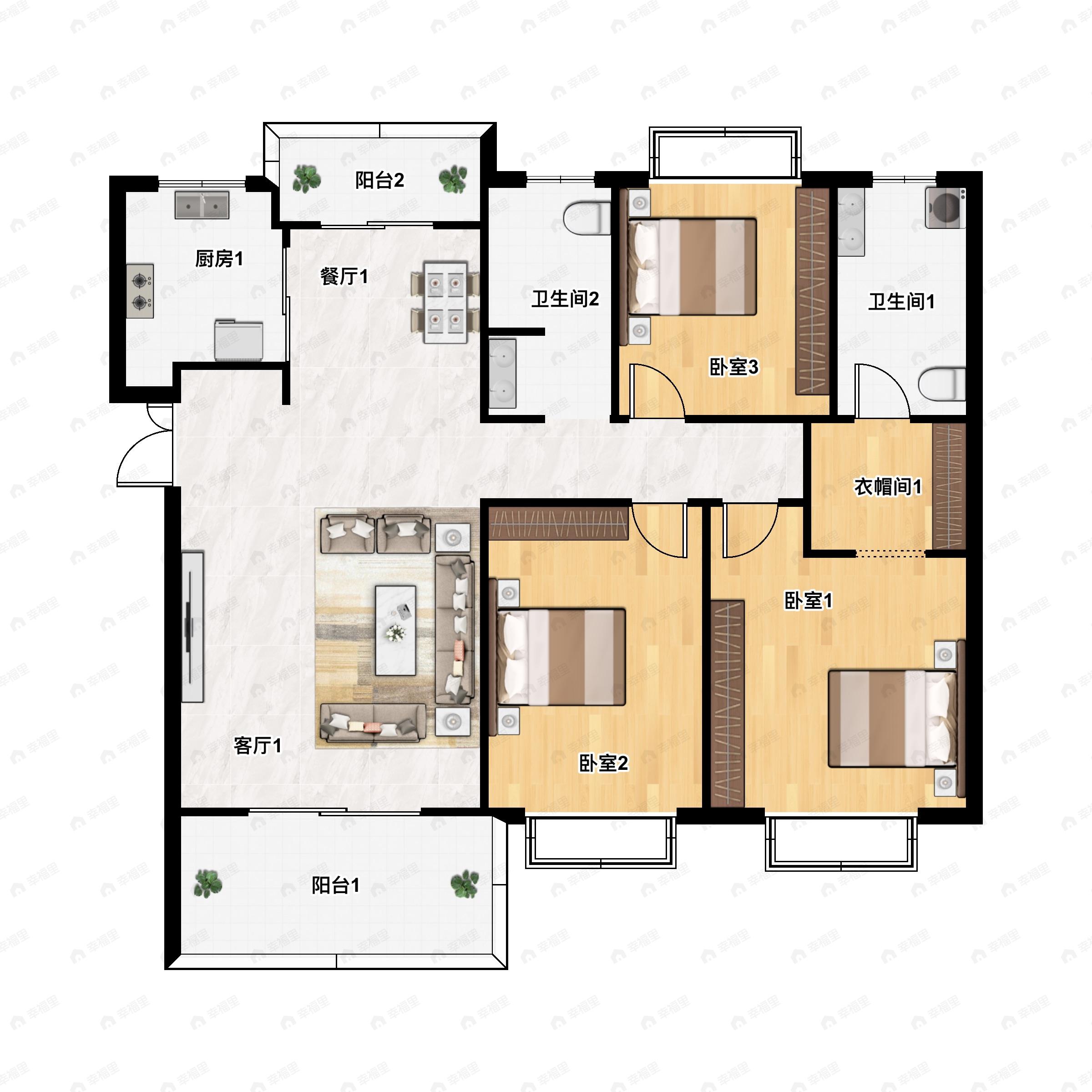 3室2厅2卫建面143m²西户型图