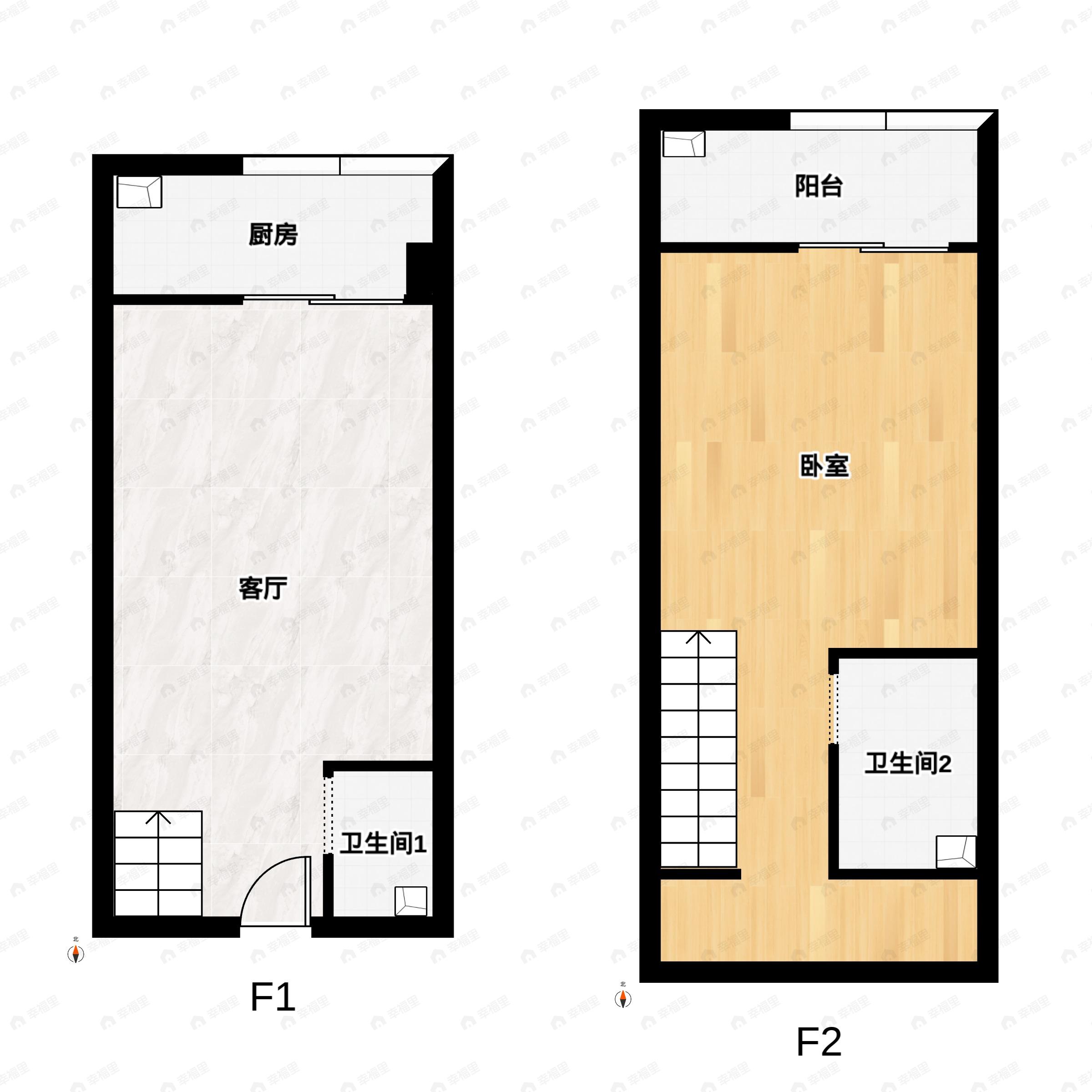 1室2厅2卫建面34m²南户型图