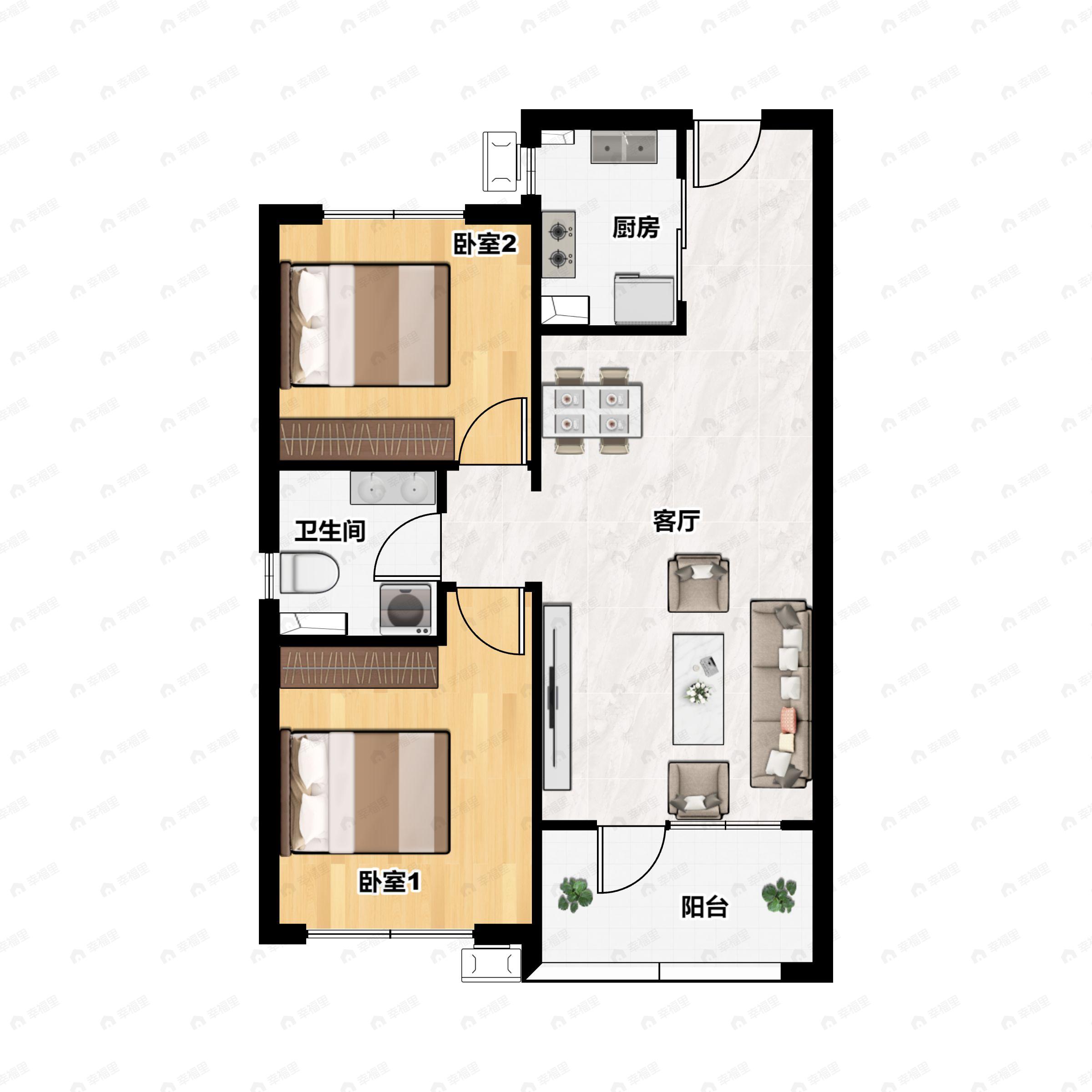 2室2厅1卫建面83平南|北户型图