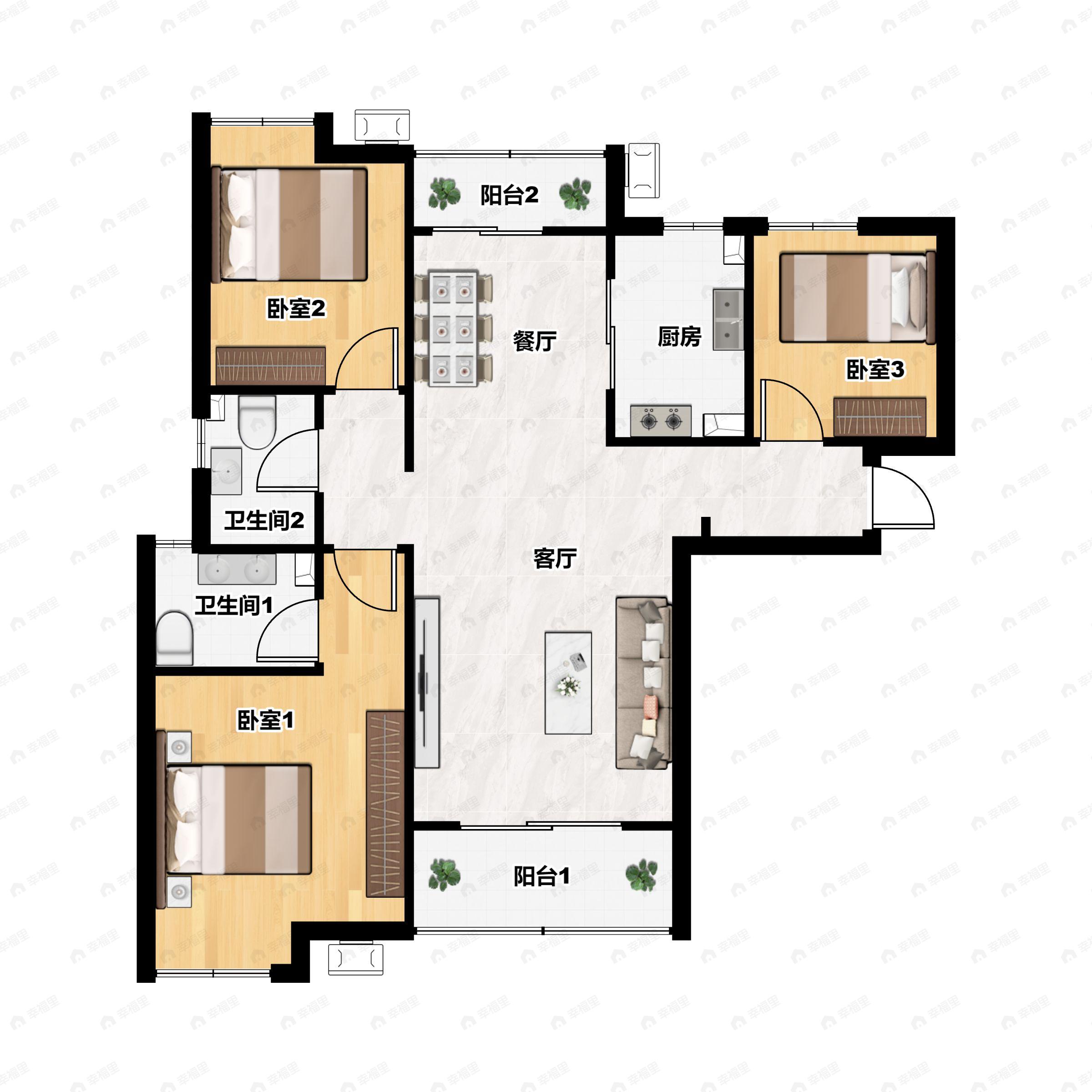 3室2厅2卫建面119平南|北户型图