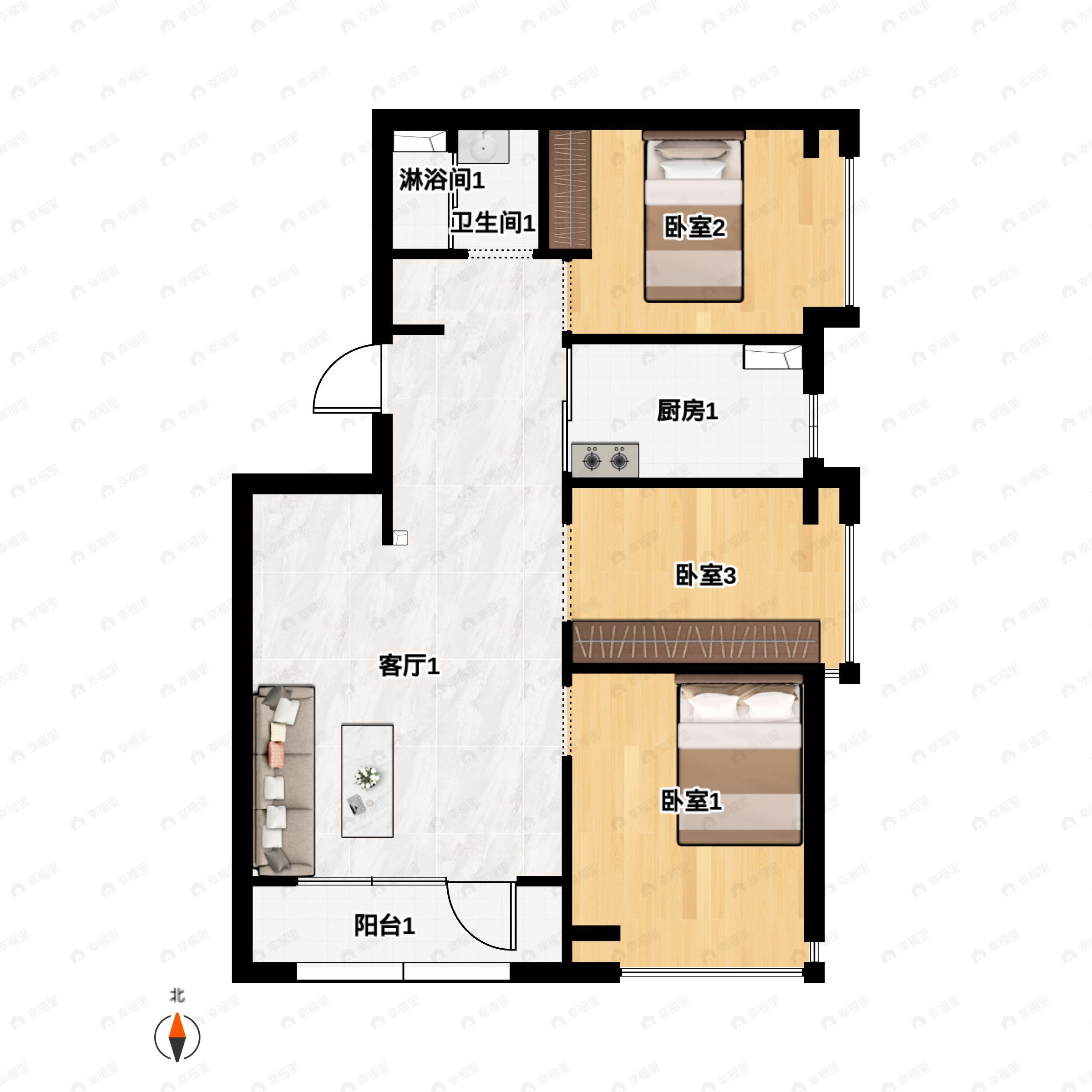 京投发展·森与天成3室2厅1卫户型图