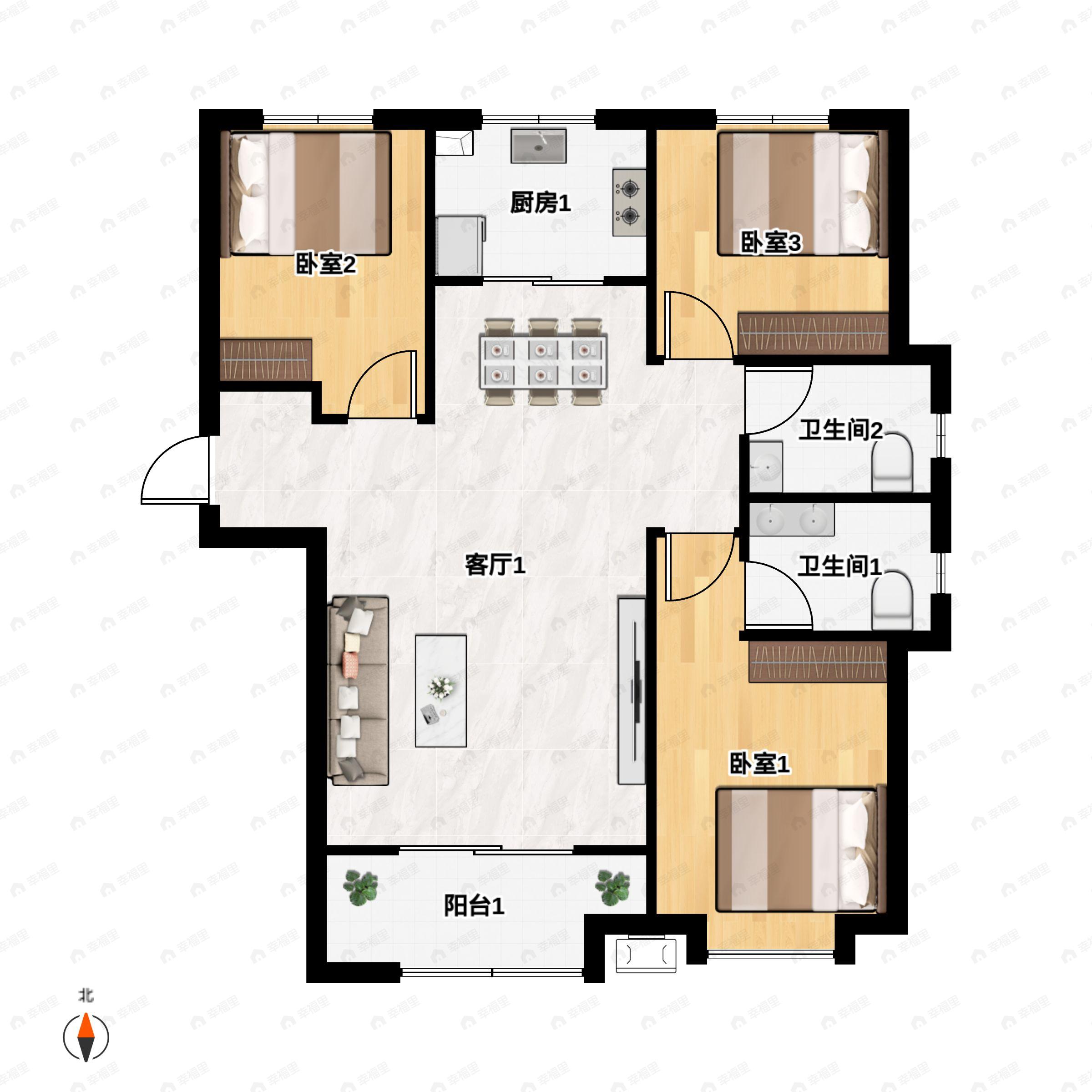 3室2厅2卫建面128平南|北户型图