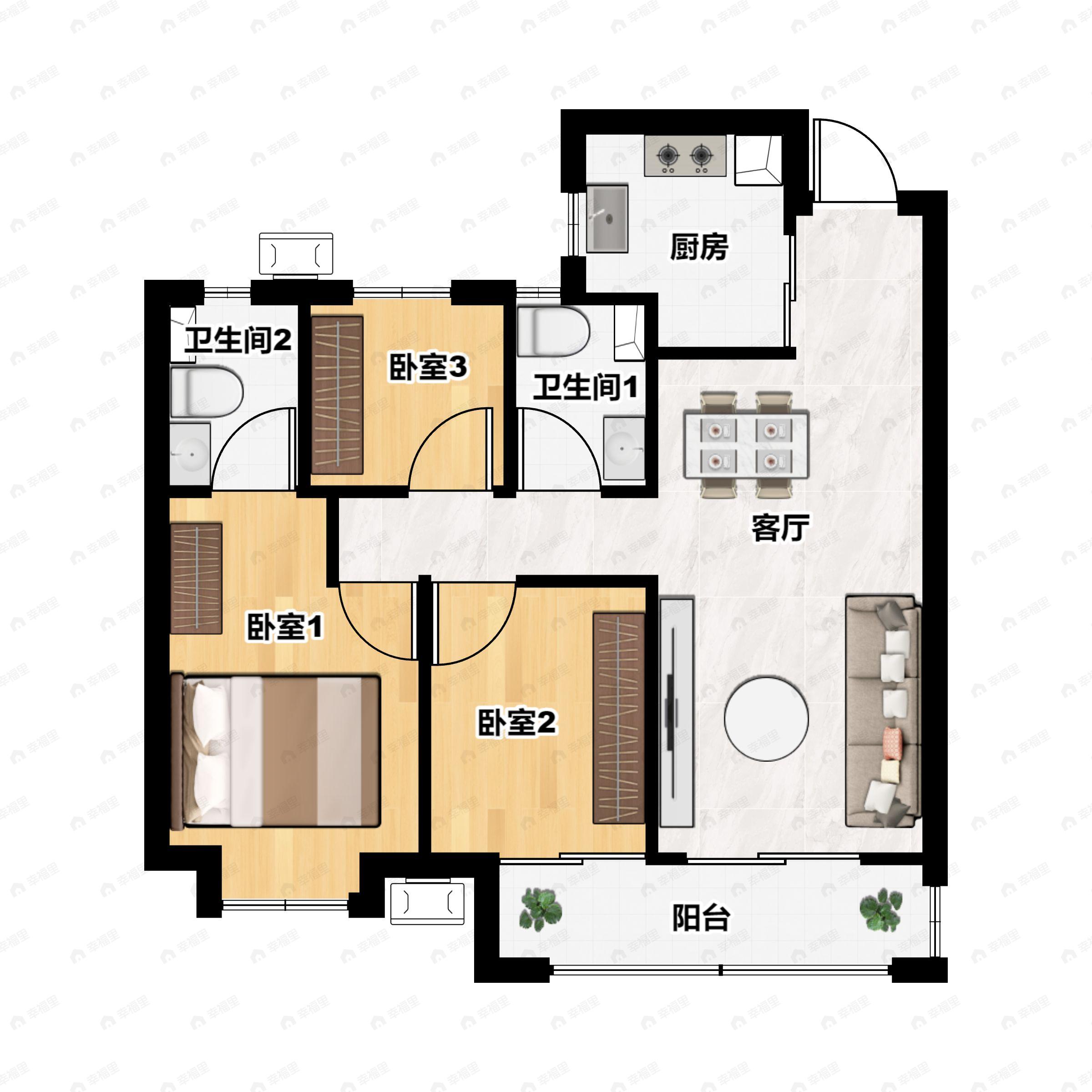 3室2厅2卫建面114平户型图