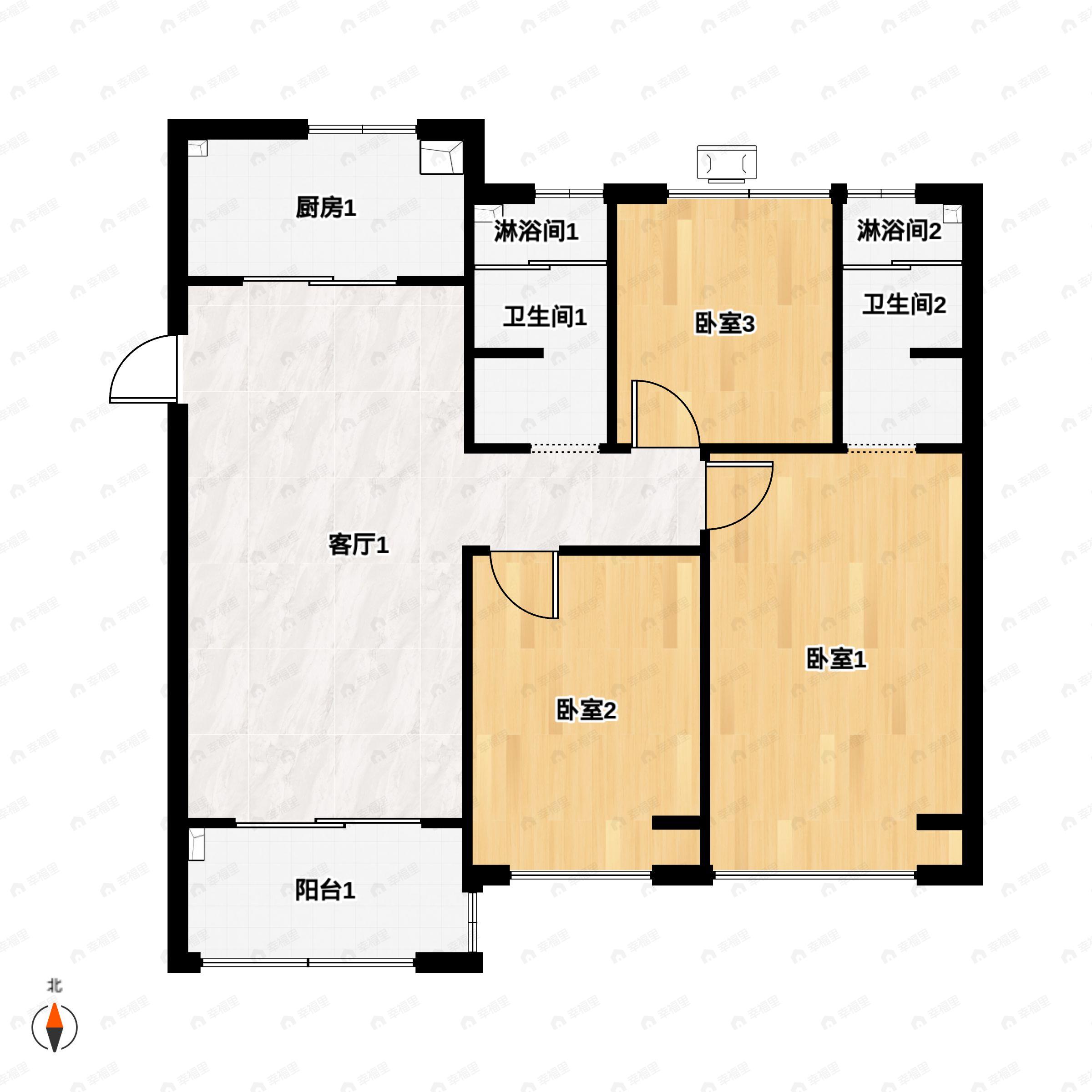 3室2厅2卫建面121平北|南户型图