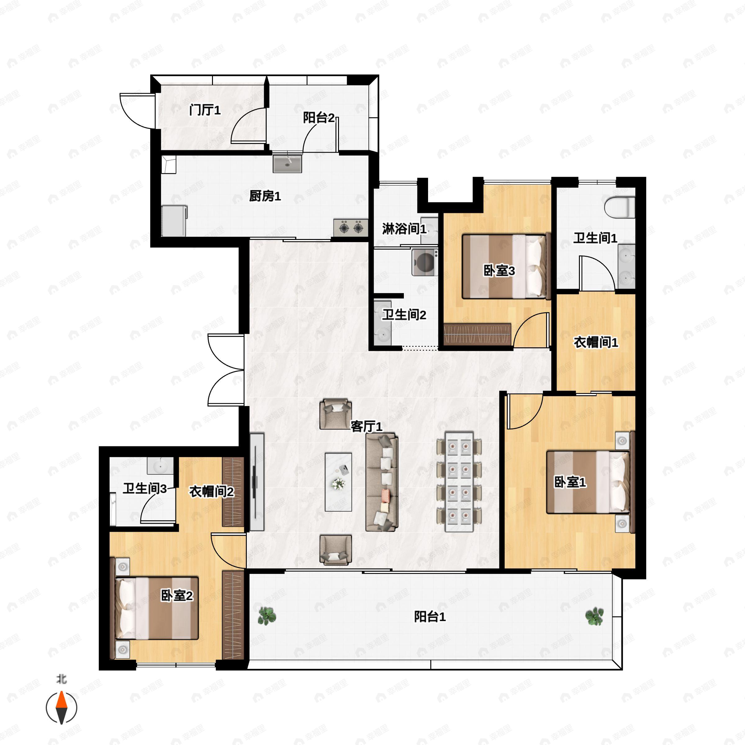 3室2厅3卫建面181平南户型图