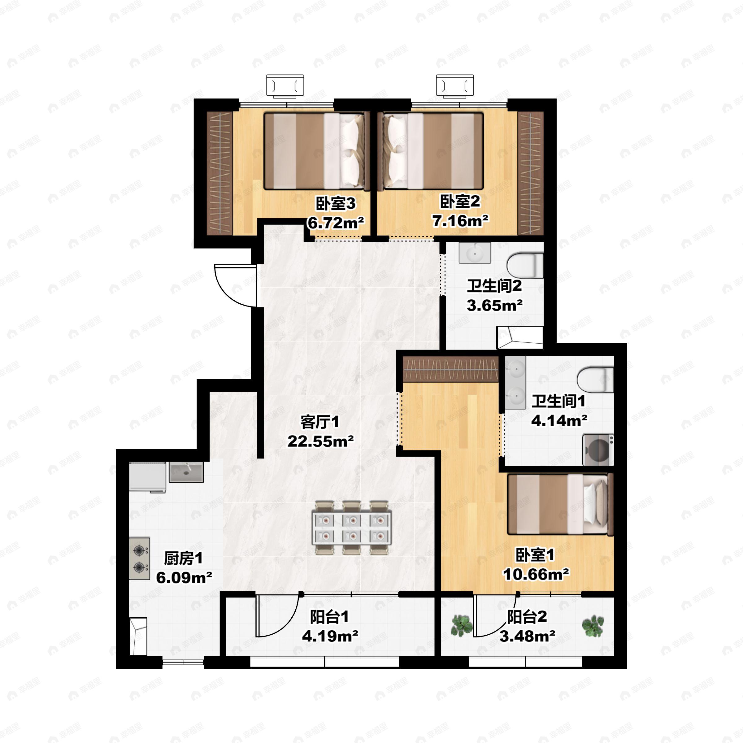 3室2厅2卫建面90平户型图