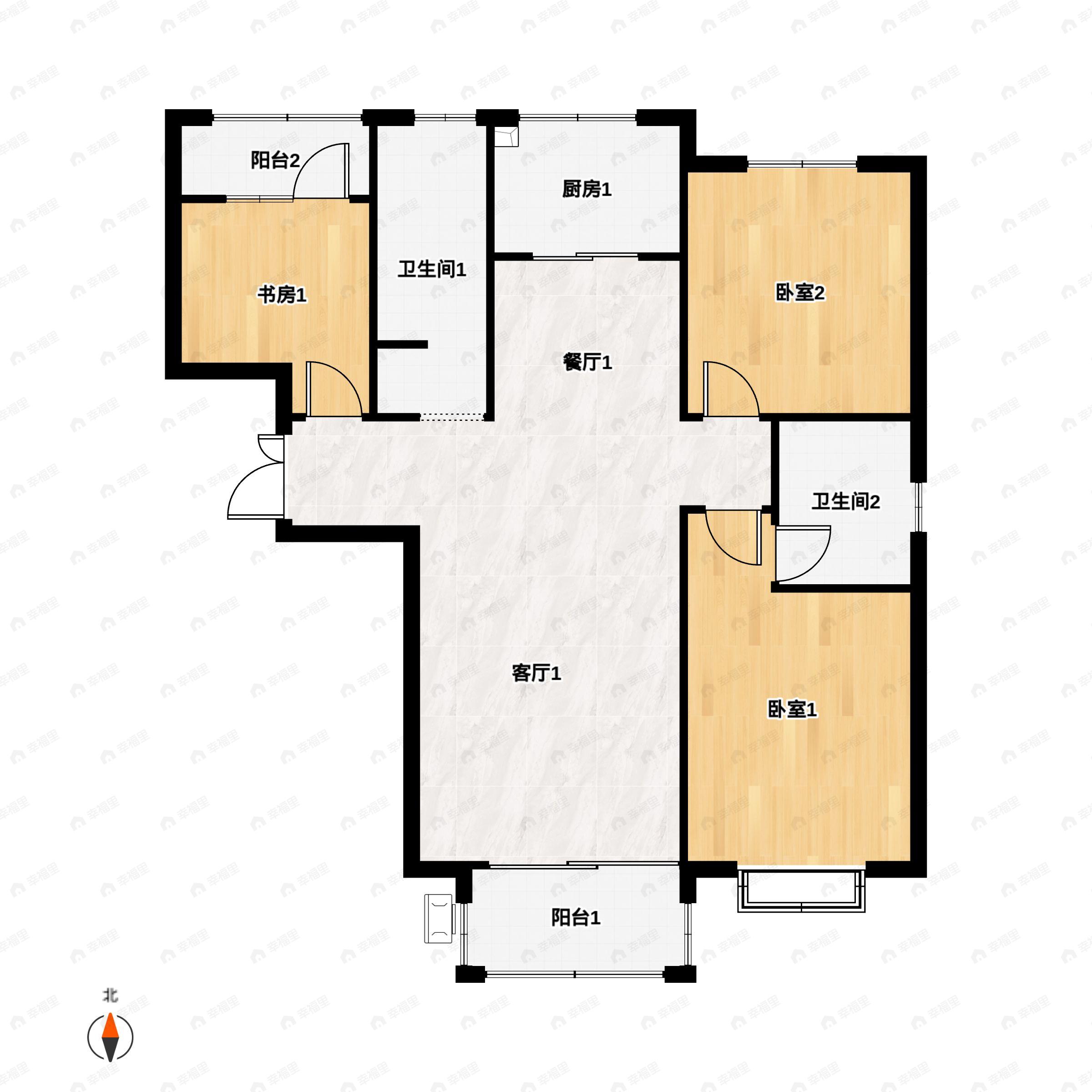 3室2厅2卫建面122平北|南户型图