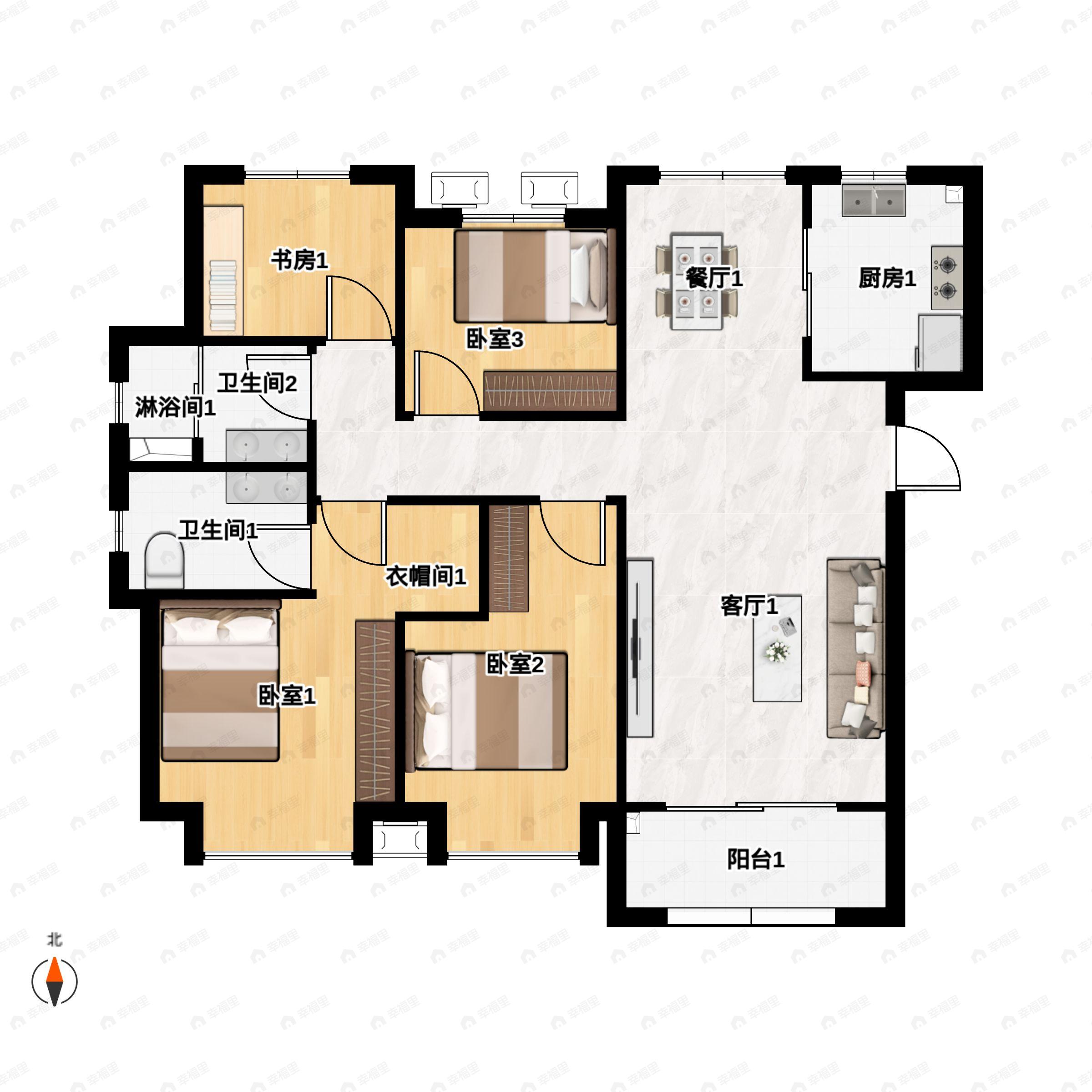 4室2厅2卫建面128平北|南户型图