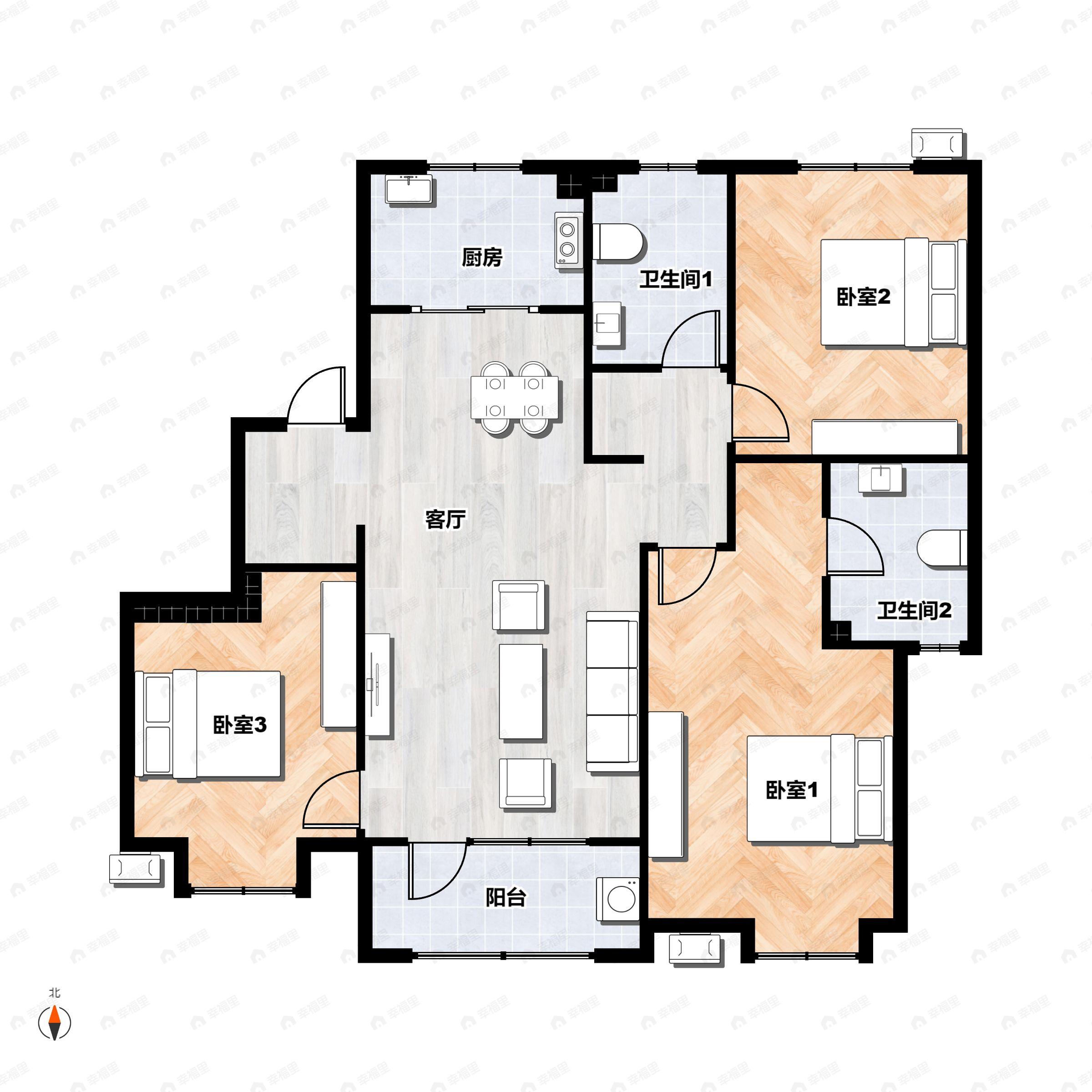 3室2厅2卫建面119平南|北户型图