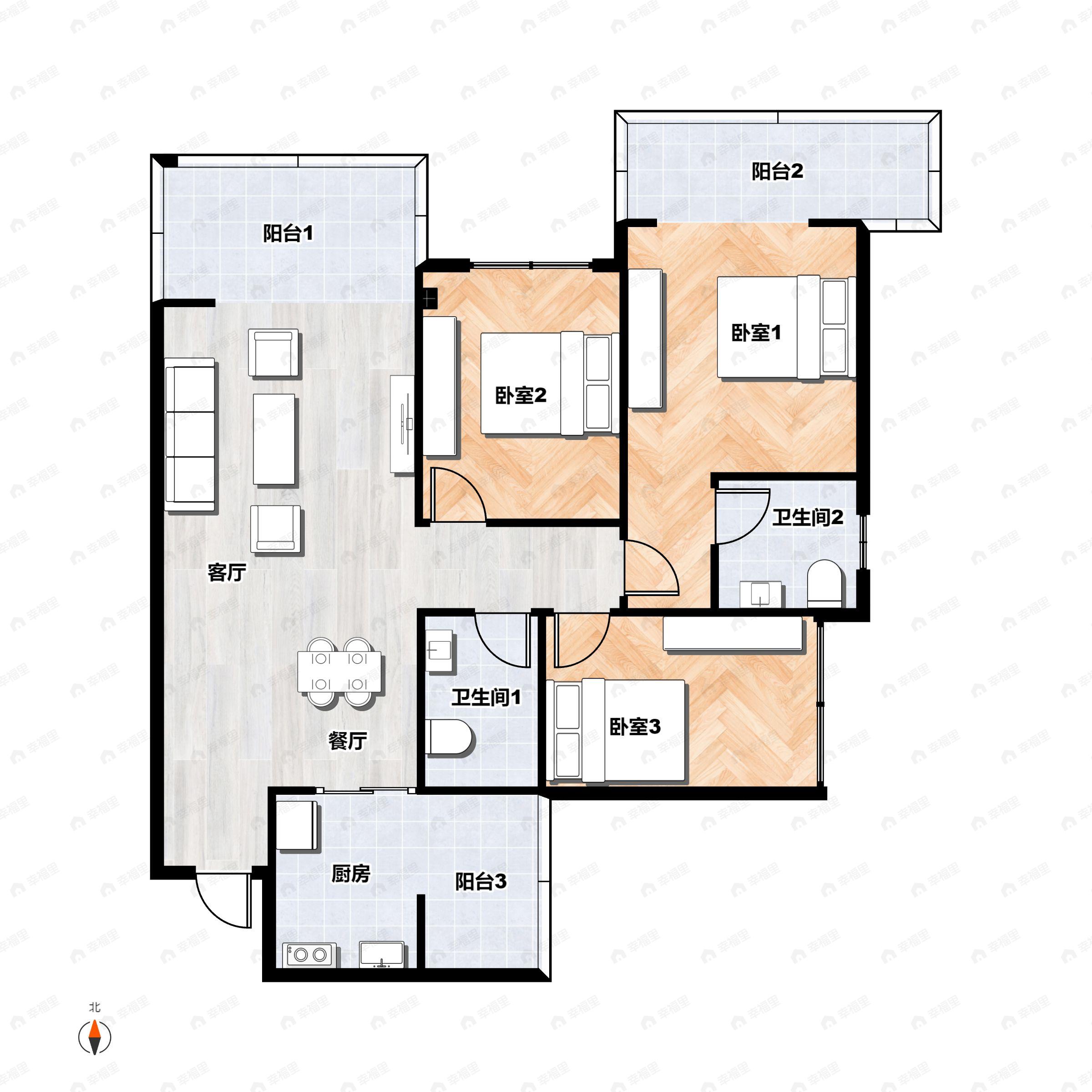 3室2厅2卫建面110平北户型图