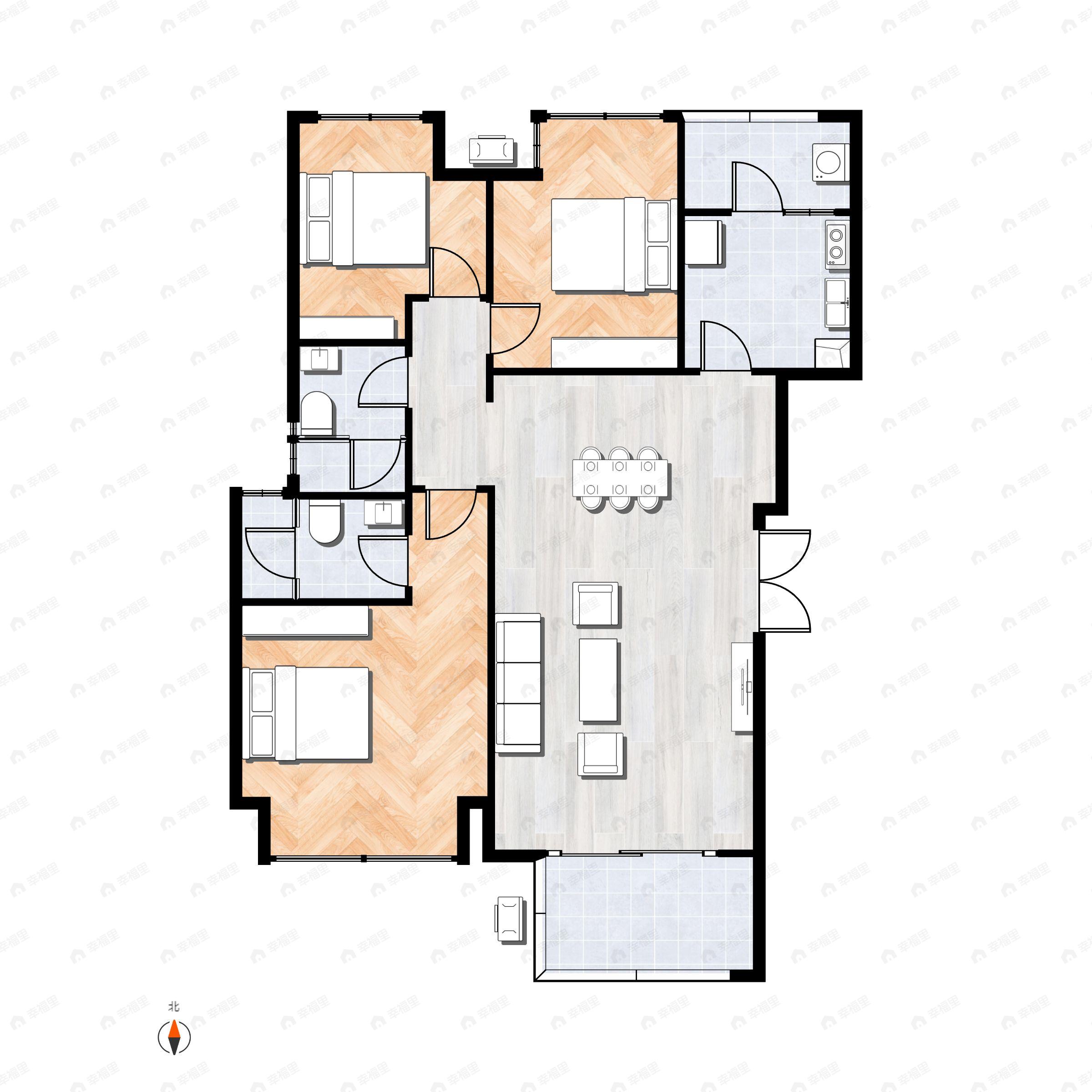 3室2厅2卫建面91m²南|北户型图