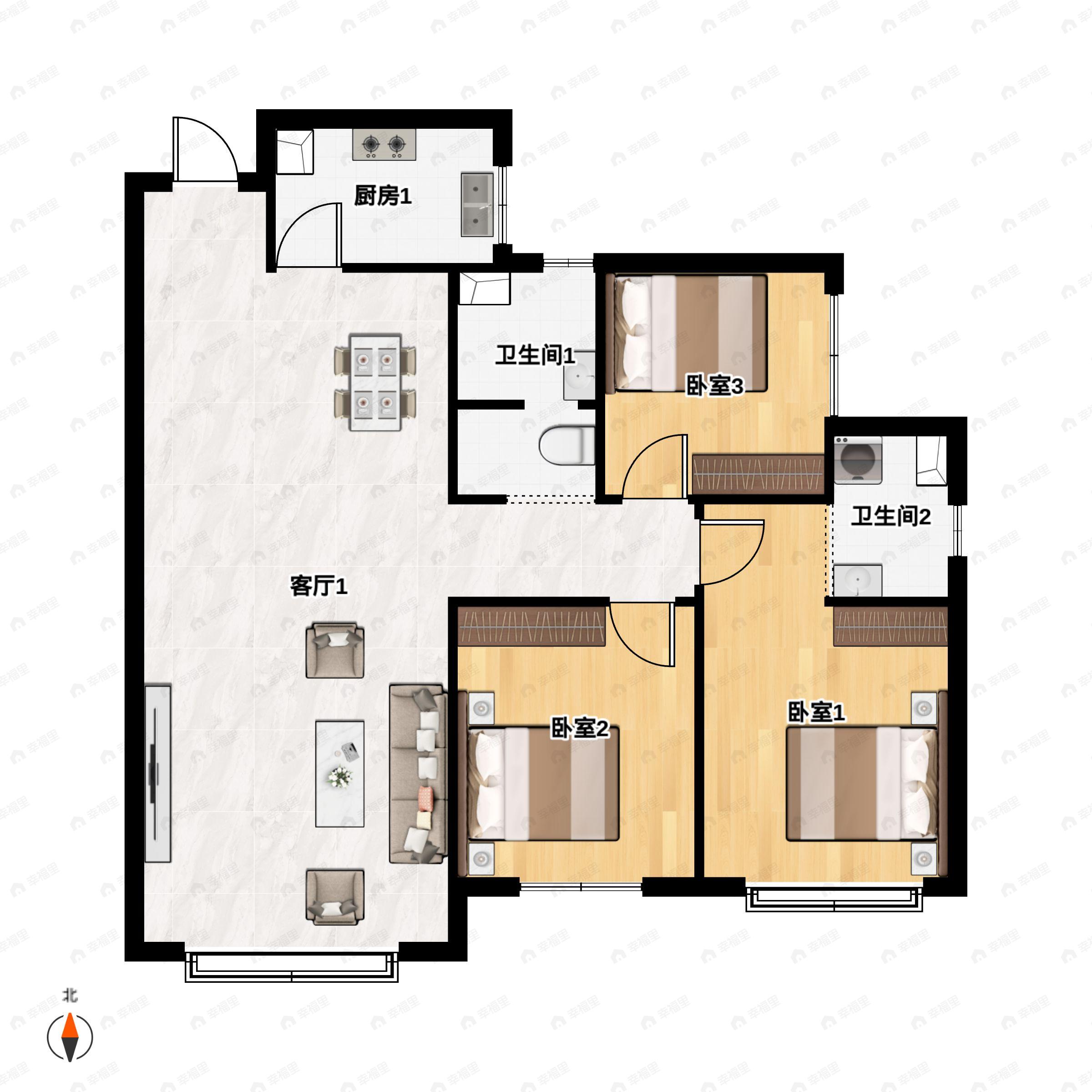 3室2厅2卫建面108平南户型图