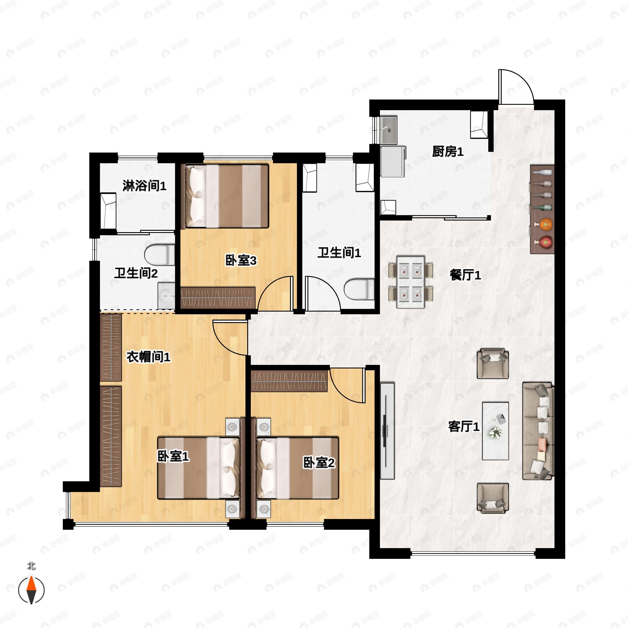 3室2厅2卫建面100平北|南户型图