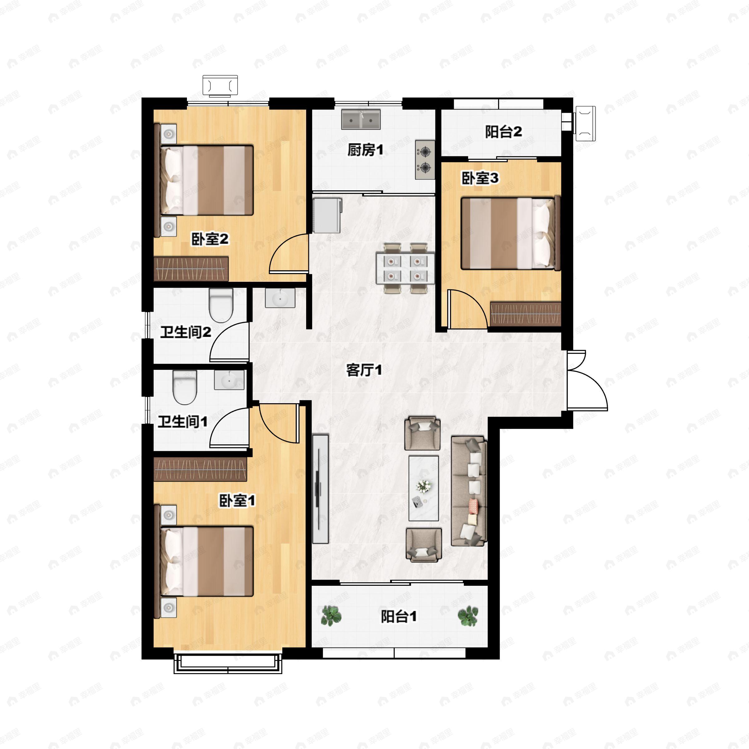 3室2厅2卫建面129m²南|北户型图
