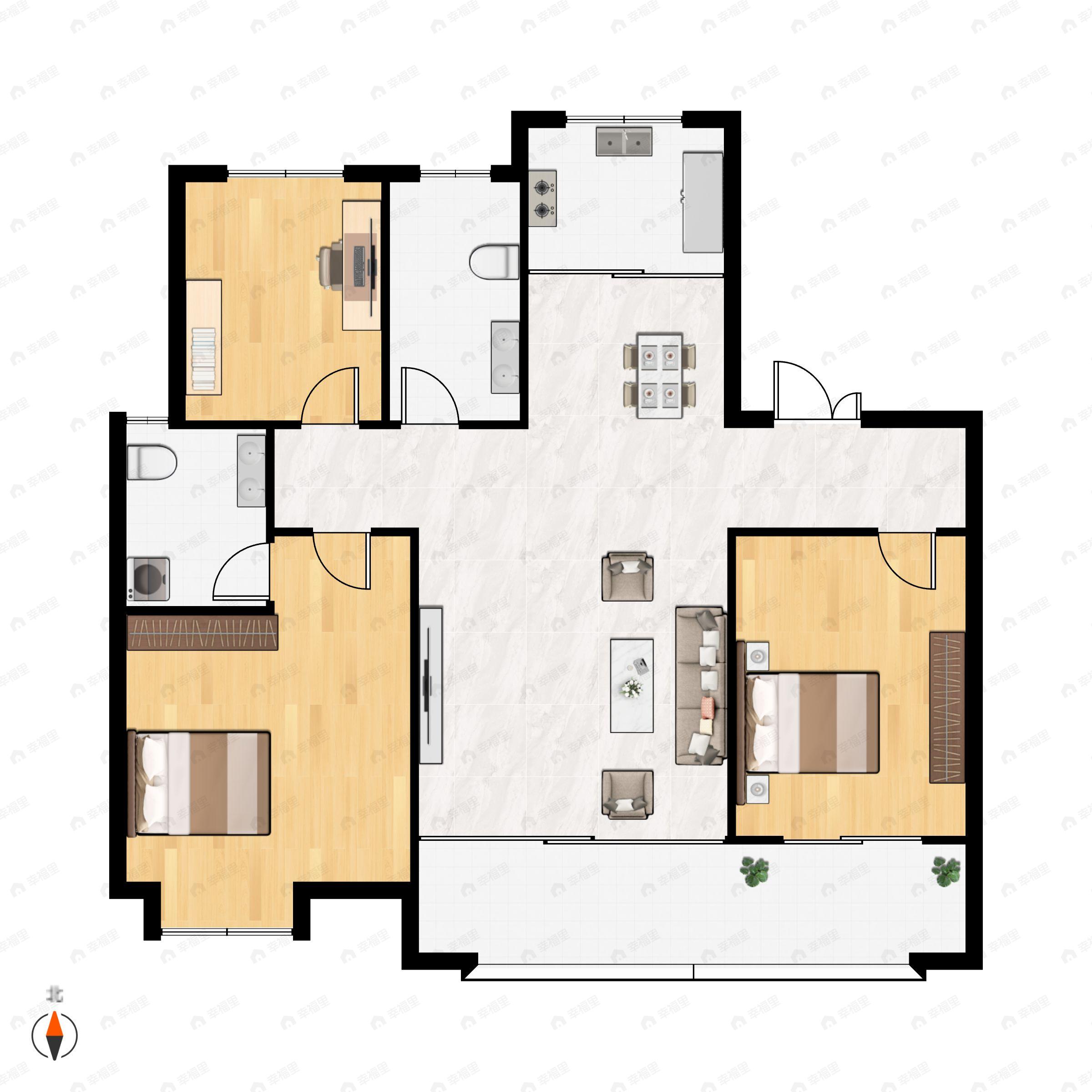 3室2厅2卫建面129m²南|北户型图