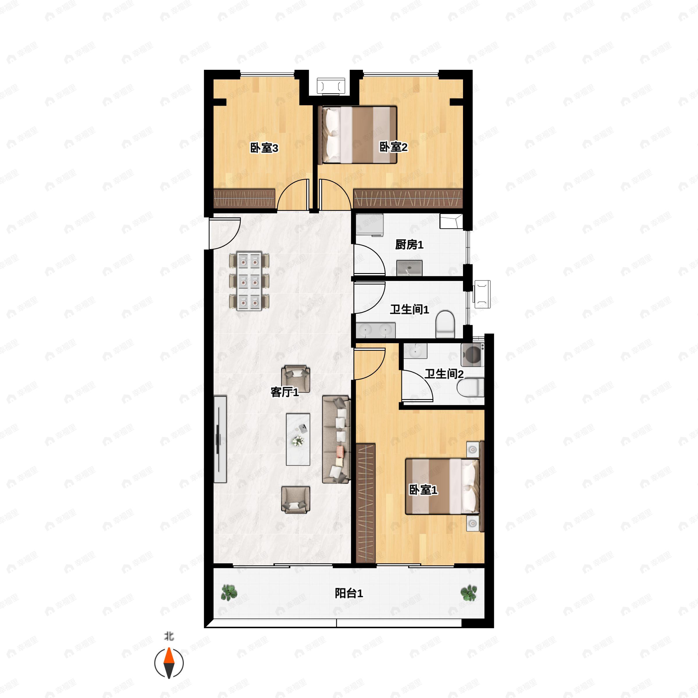 3室2厅2卫建面125m²南户型图