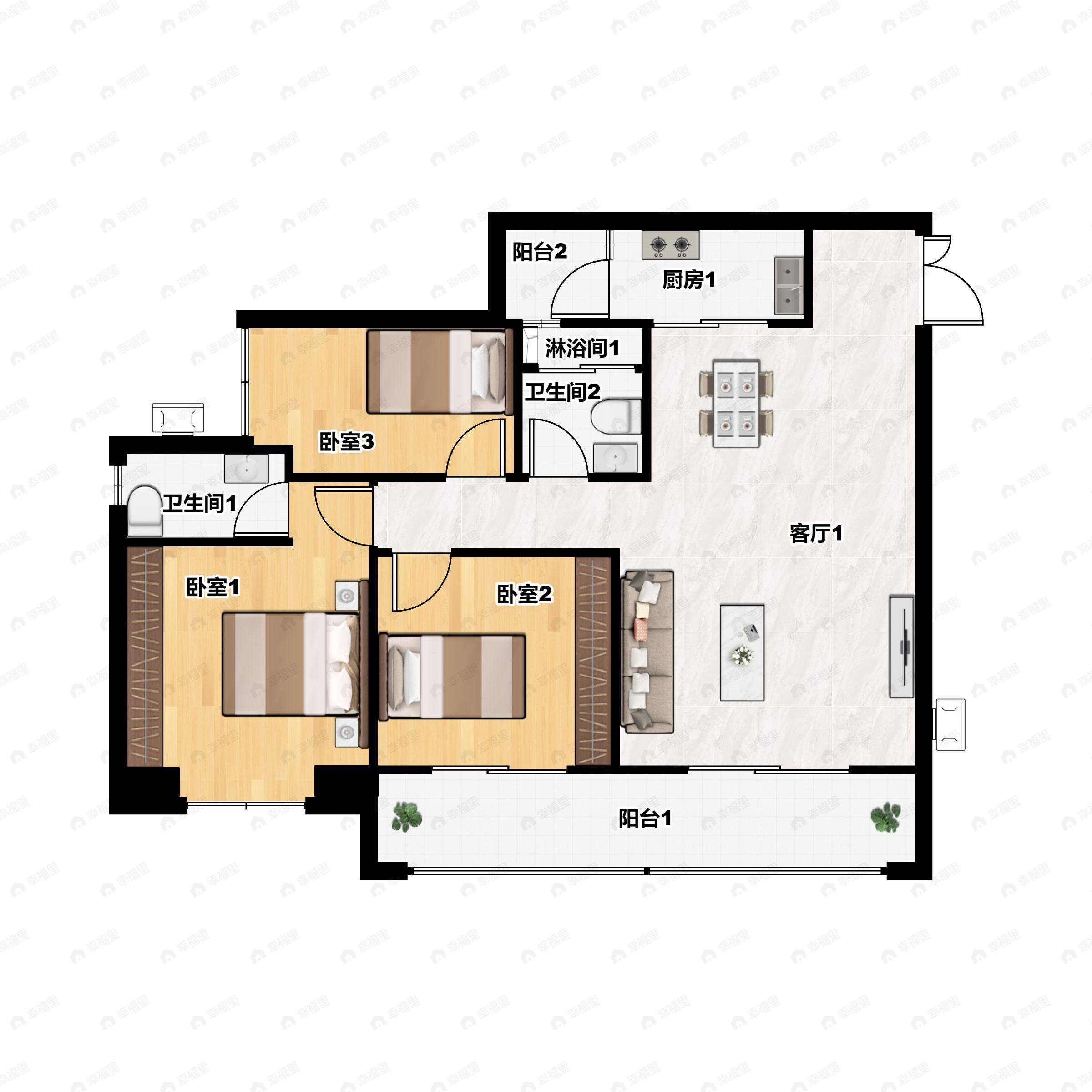 3室2厅2卫建面119平南户型图