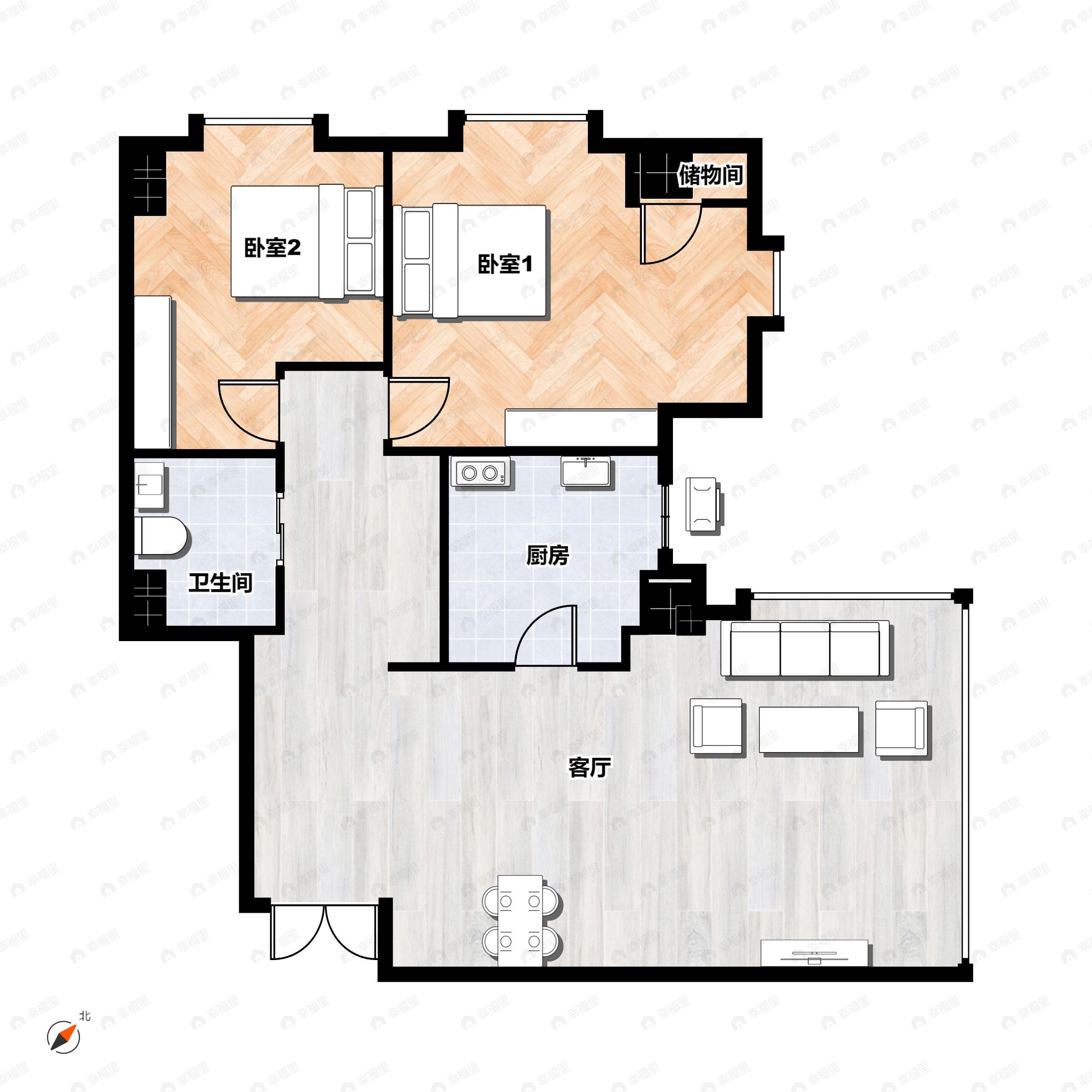 2室2厅1卫建面114m²东|西户型图