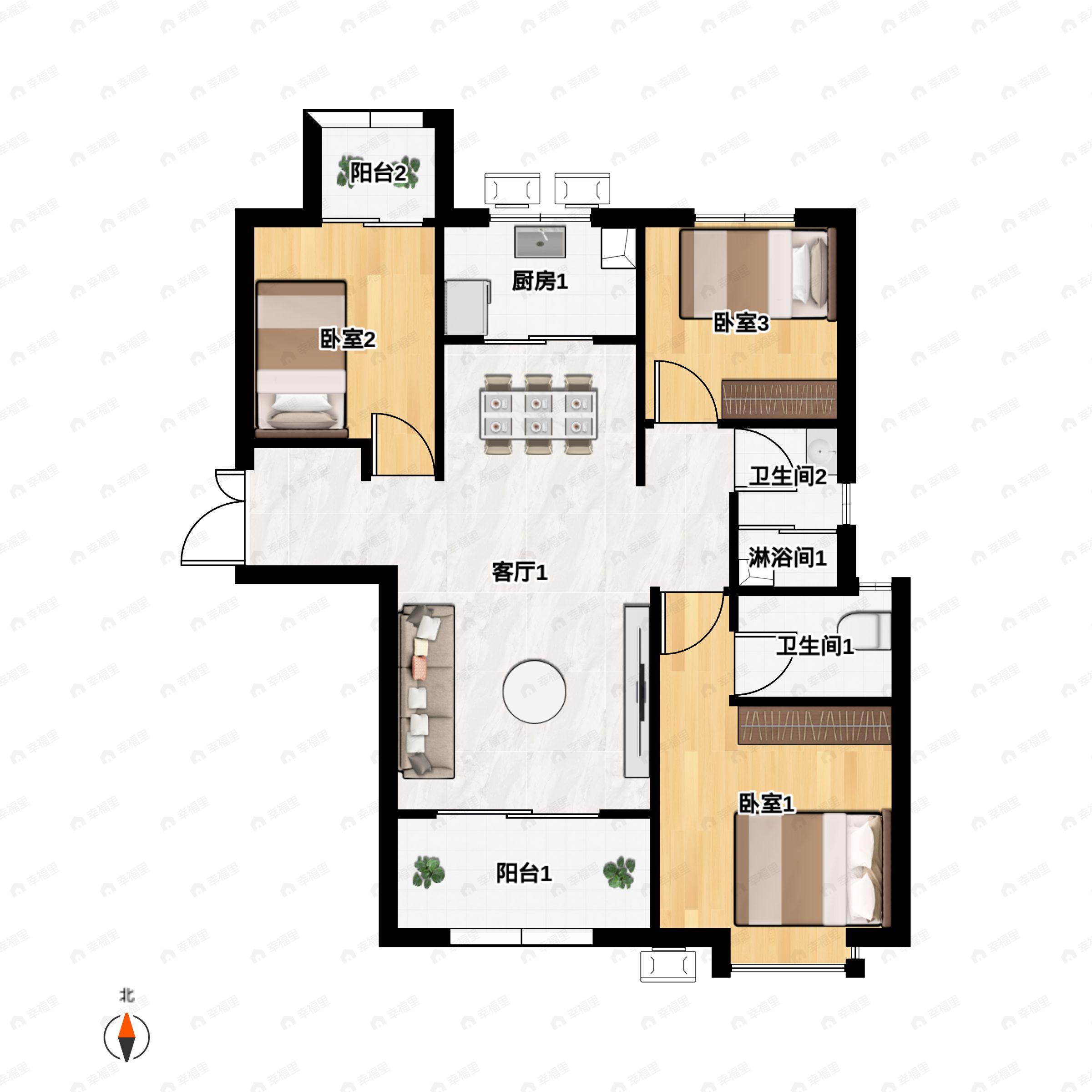 3室2厅2卫建面115m²南户型图
