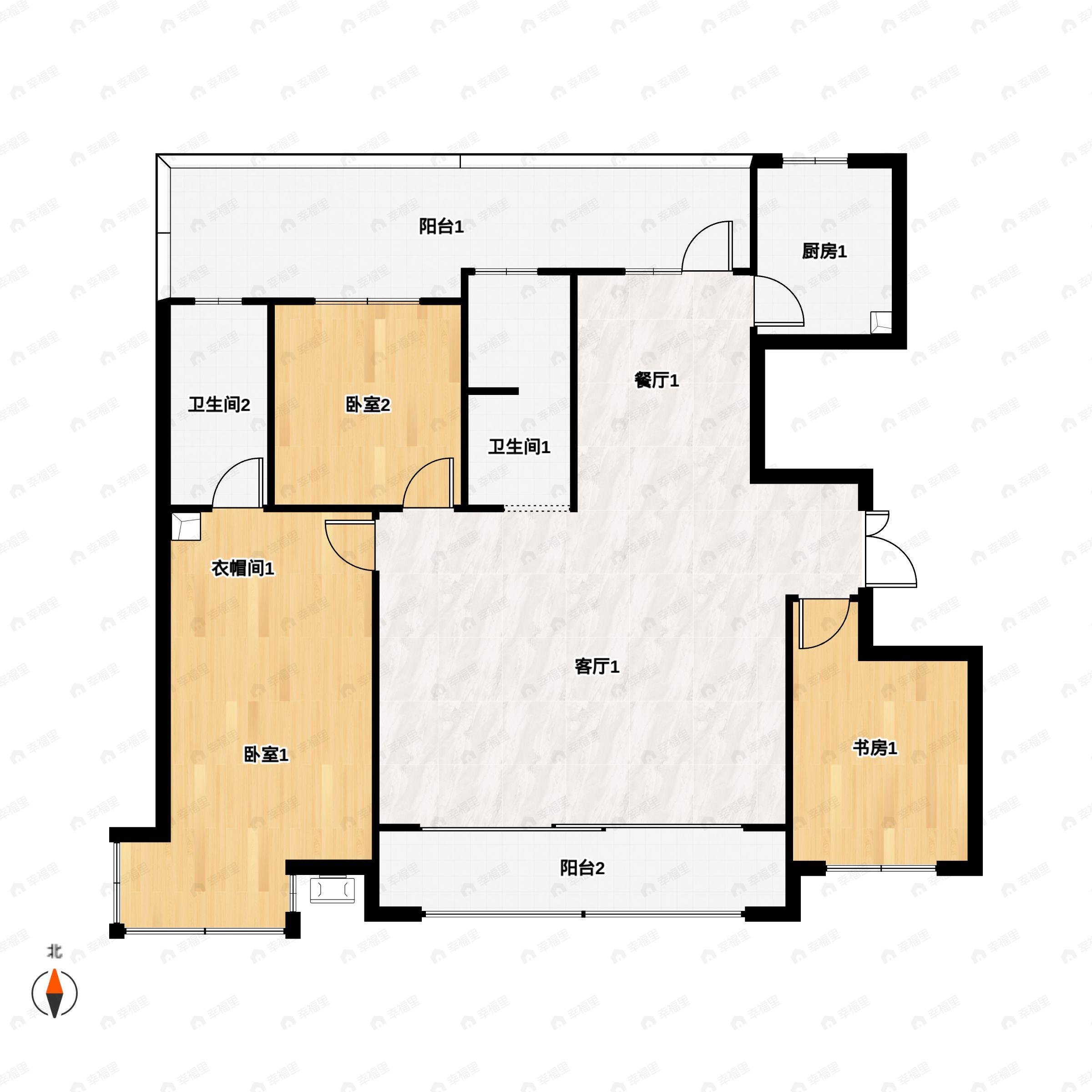 3室2厅2卫建面153m²南|北户型图