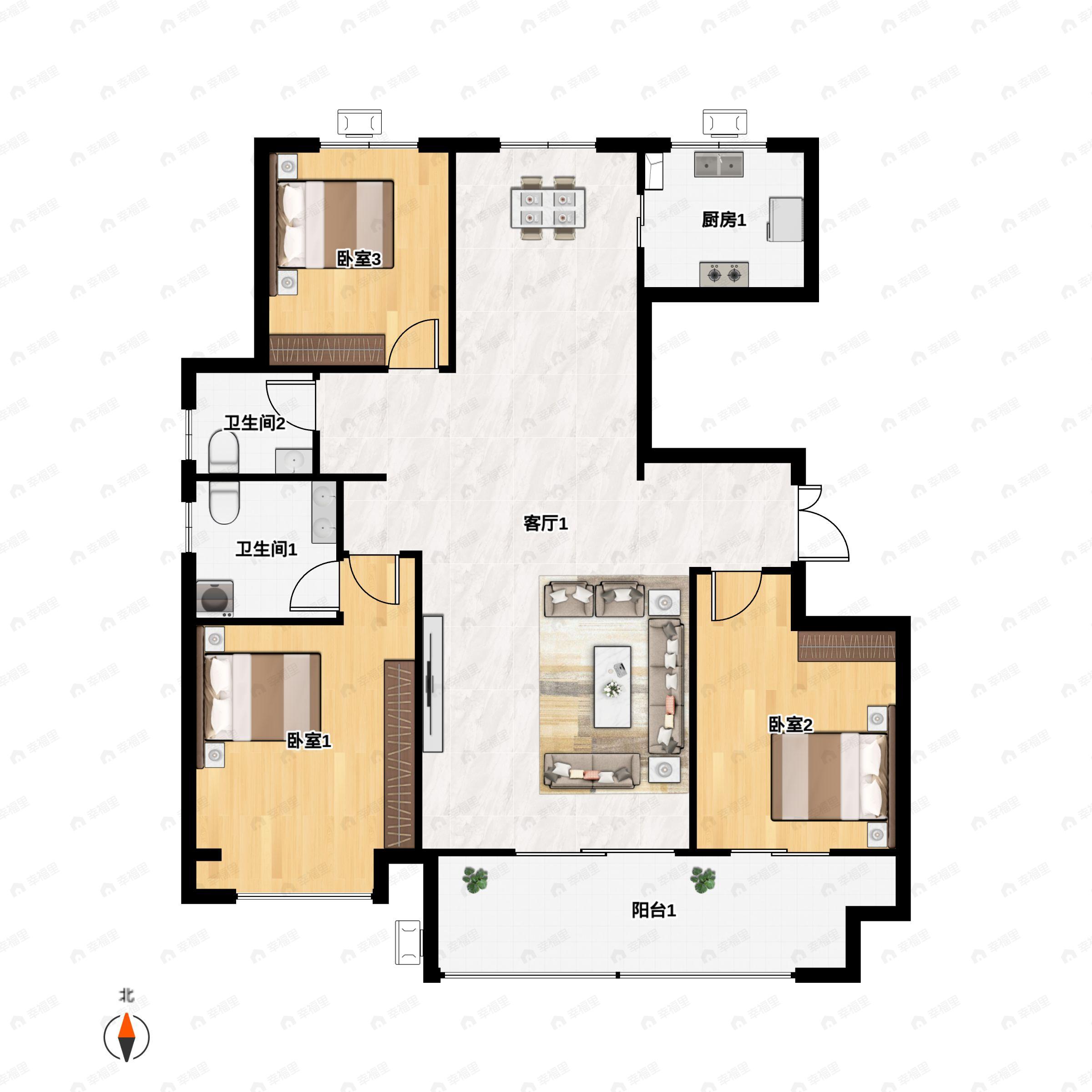 3室2厅2卫建面129m²北|南户型图