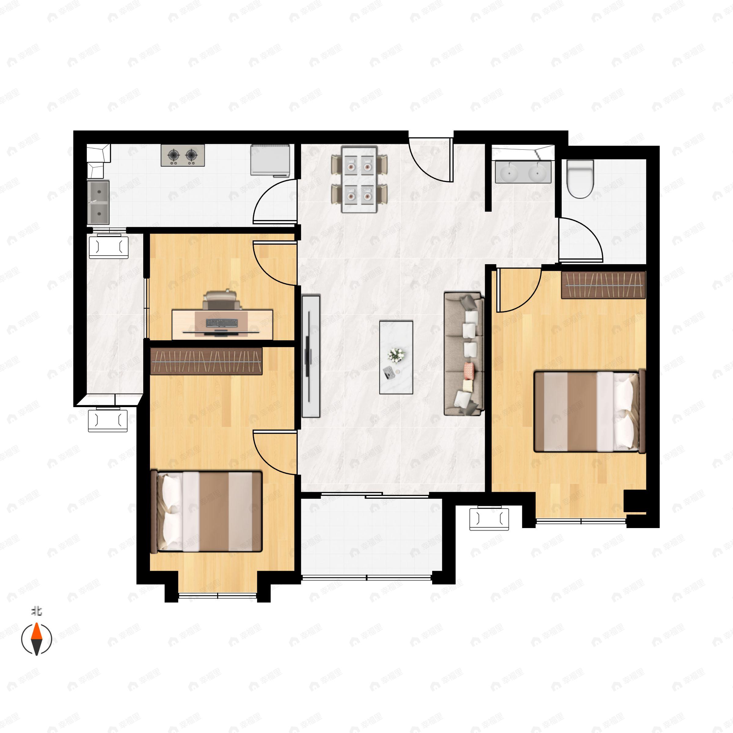 3室2厅1卫建面90m²南户型图