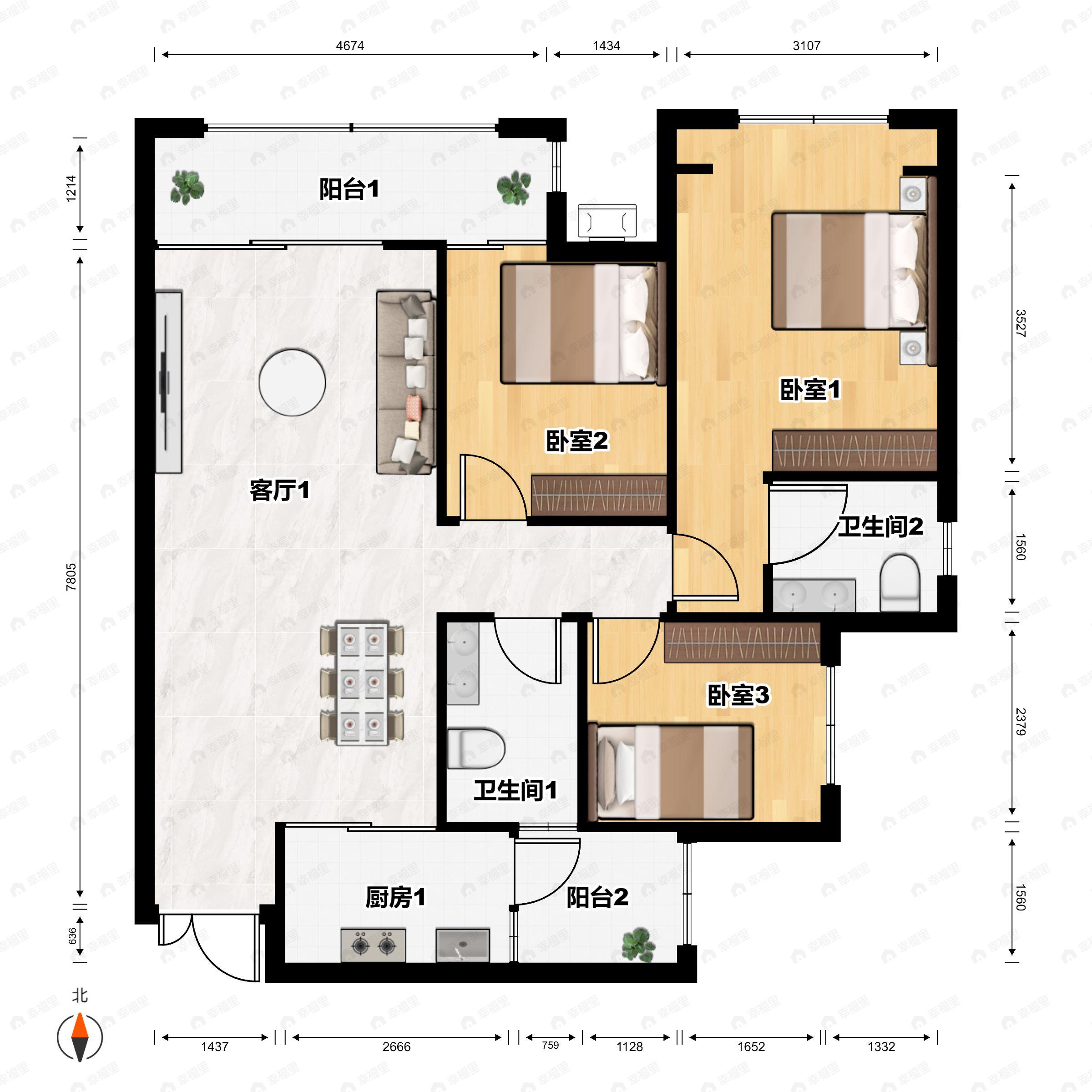 3室2厅2卫建面109m²南户型图
