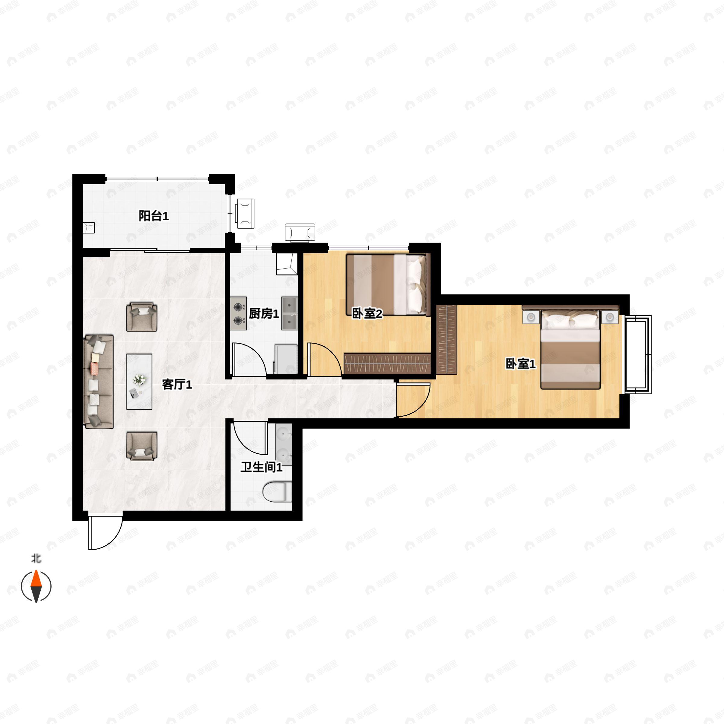 2室1厅1卫建面95m²北户型图