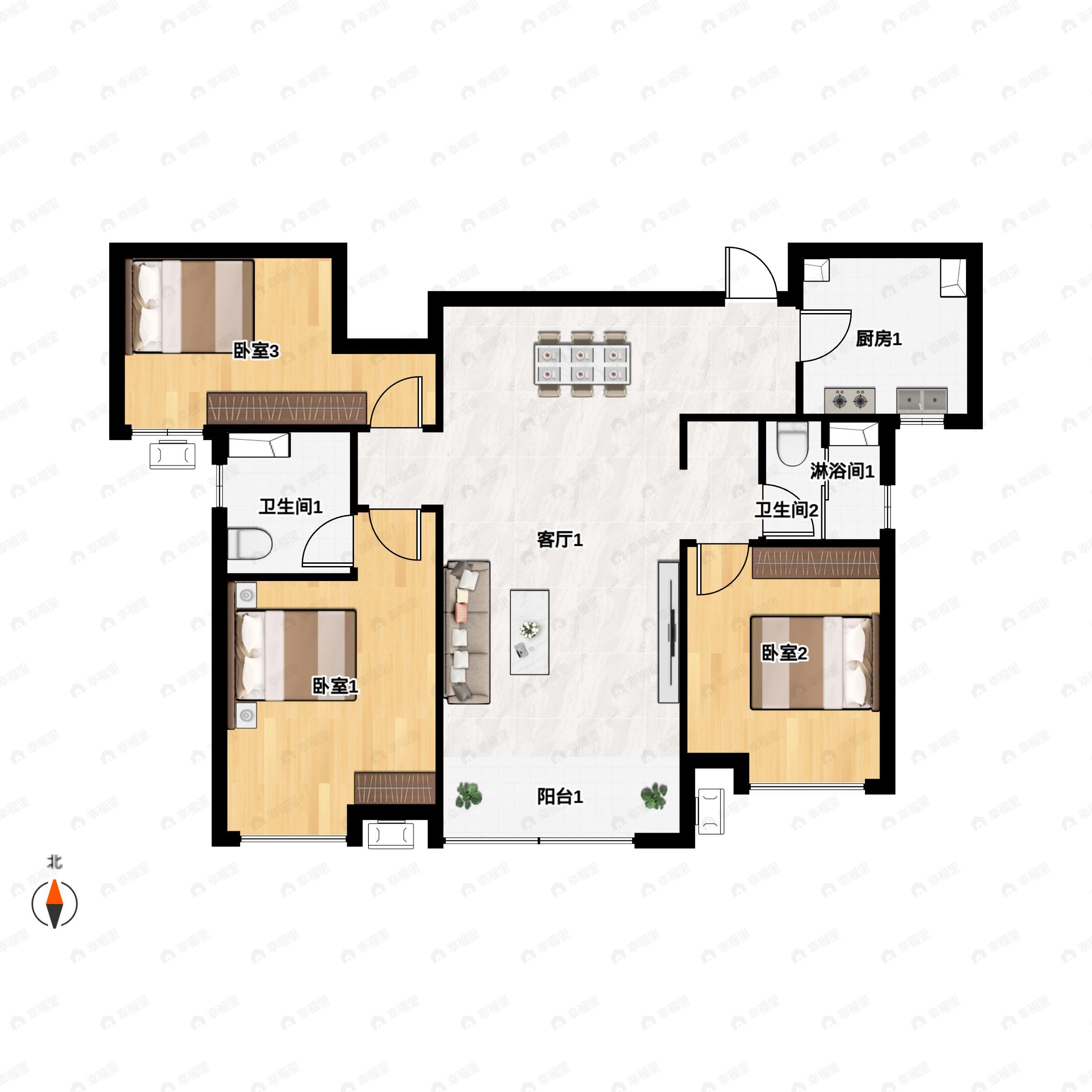 3室2厅2卫建面108m²南户型图